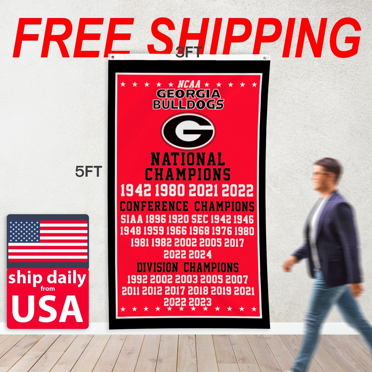 Georgia Bulldogs 3x5 Ft National Champions Flag Man Cave Football Banner