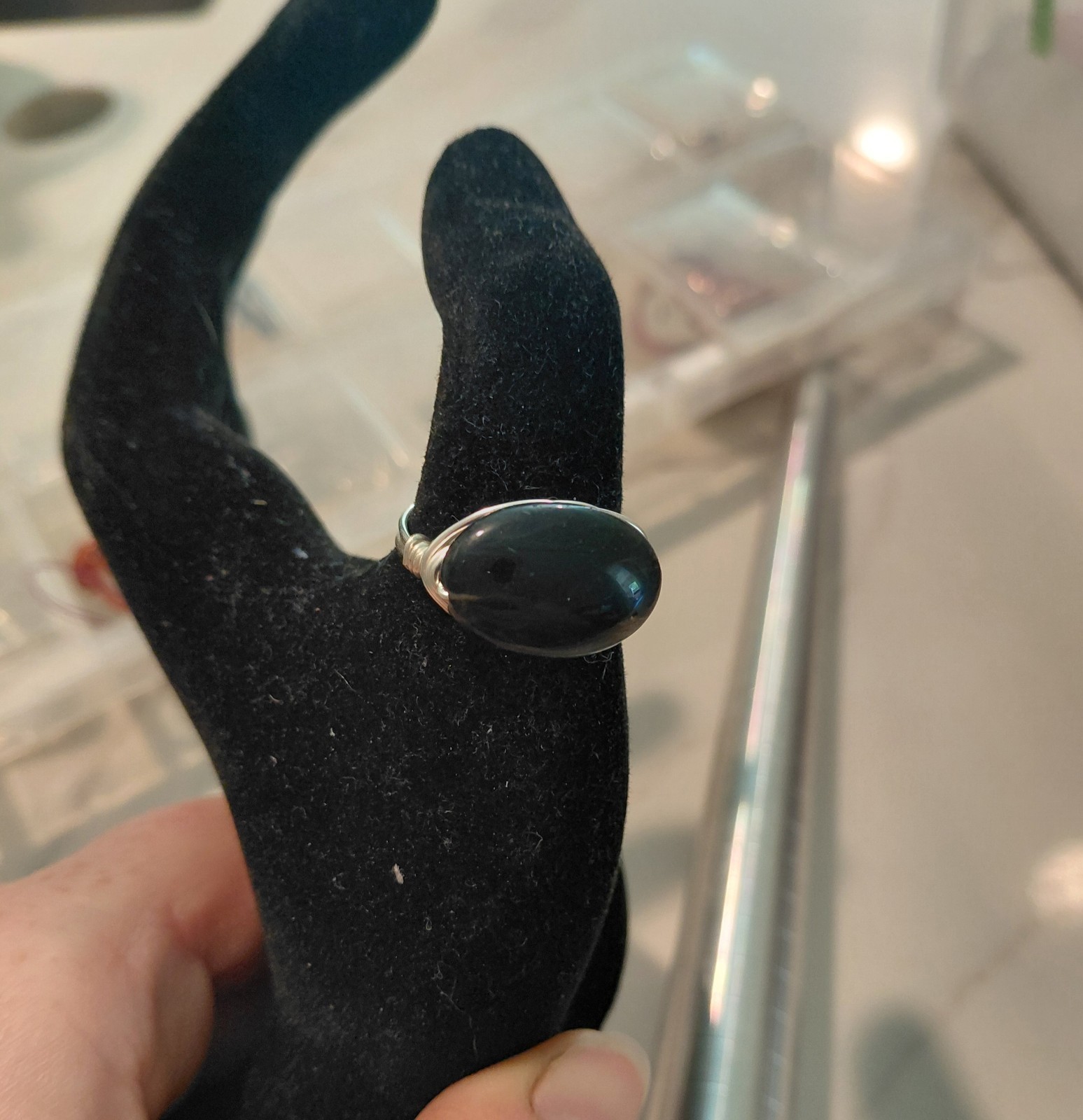 Silver Plated Copper Wire Wrapped Vintage Black Glass Bead Ring