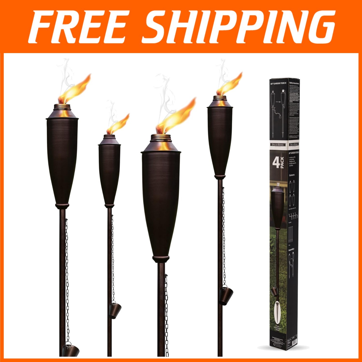 Durable Metal Citronella Garden Torches with 6+ Hours of Burn Time - Set of 4
