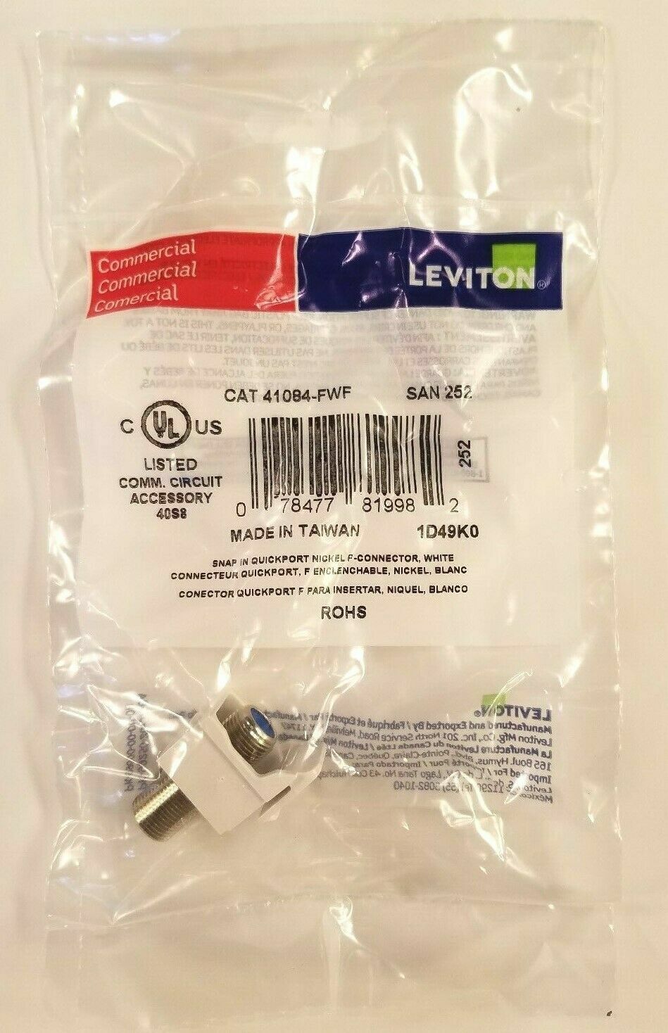 NEW 41084-FWF Leviton QuickPort F-Type Coax Adapter, Nickel Plated, White