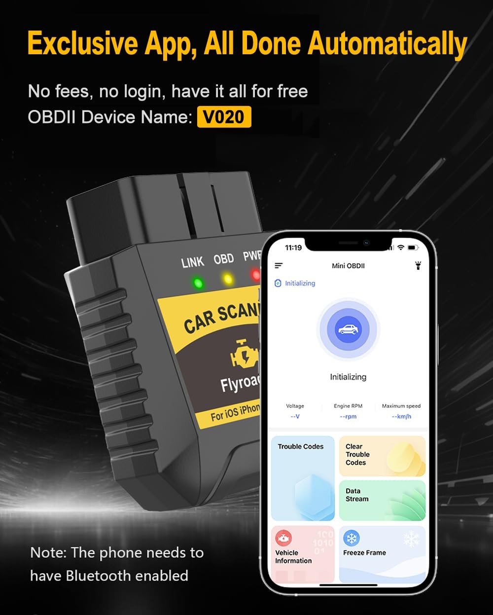 FlyroadUp OBD2 Scanner Bluetooth for iPhone iOS Android OBDII Diagnostic Scan...