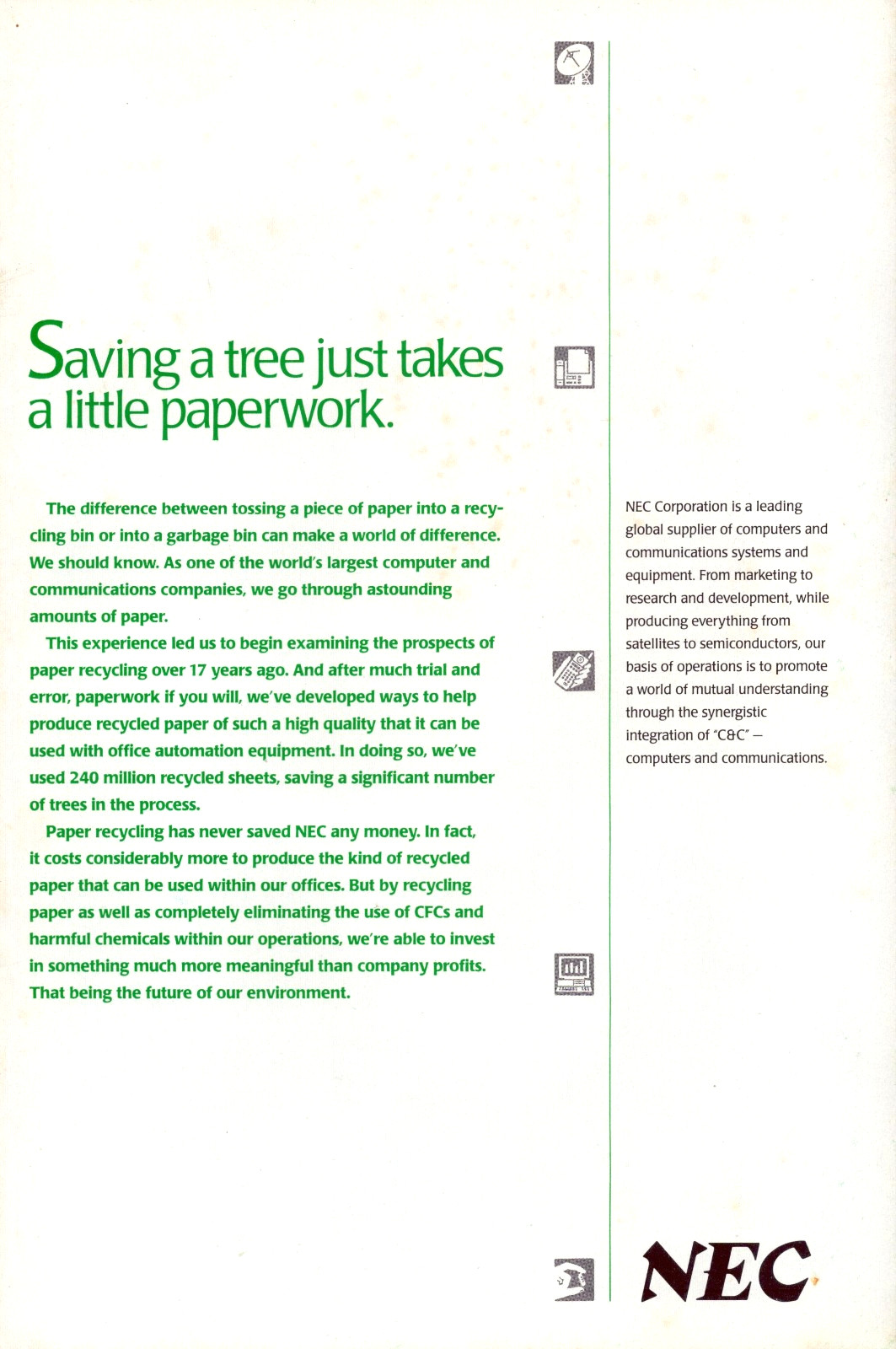 NEC Corporation Computer Recycles Paper Saves Trees Vintage Print Ad 1991