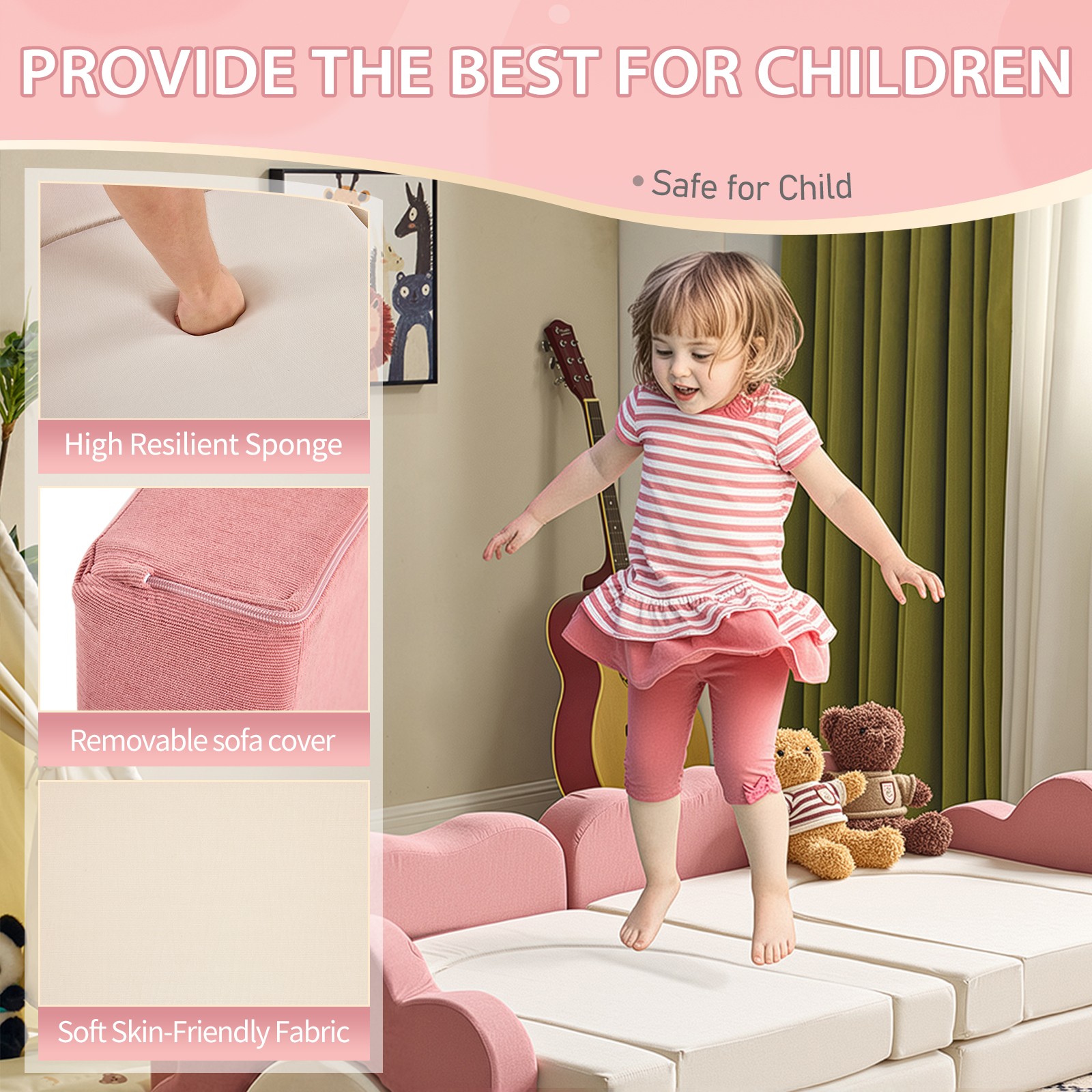 Modular Kids Sofa, All-Sponge Pink & White Corduroy, Free Combination Design