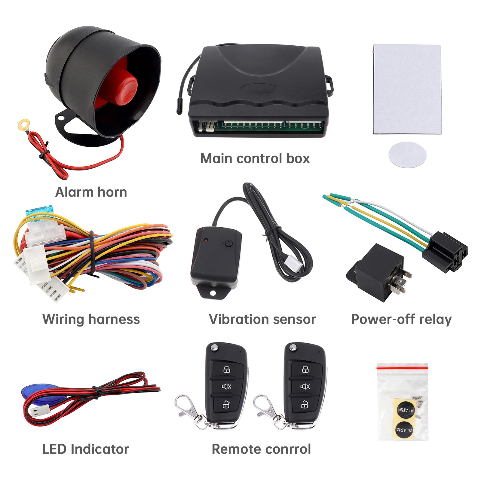 Universal 12V Car Alarm System with Engine Cut-Off, Shock Sensor, 2 Remotes