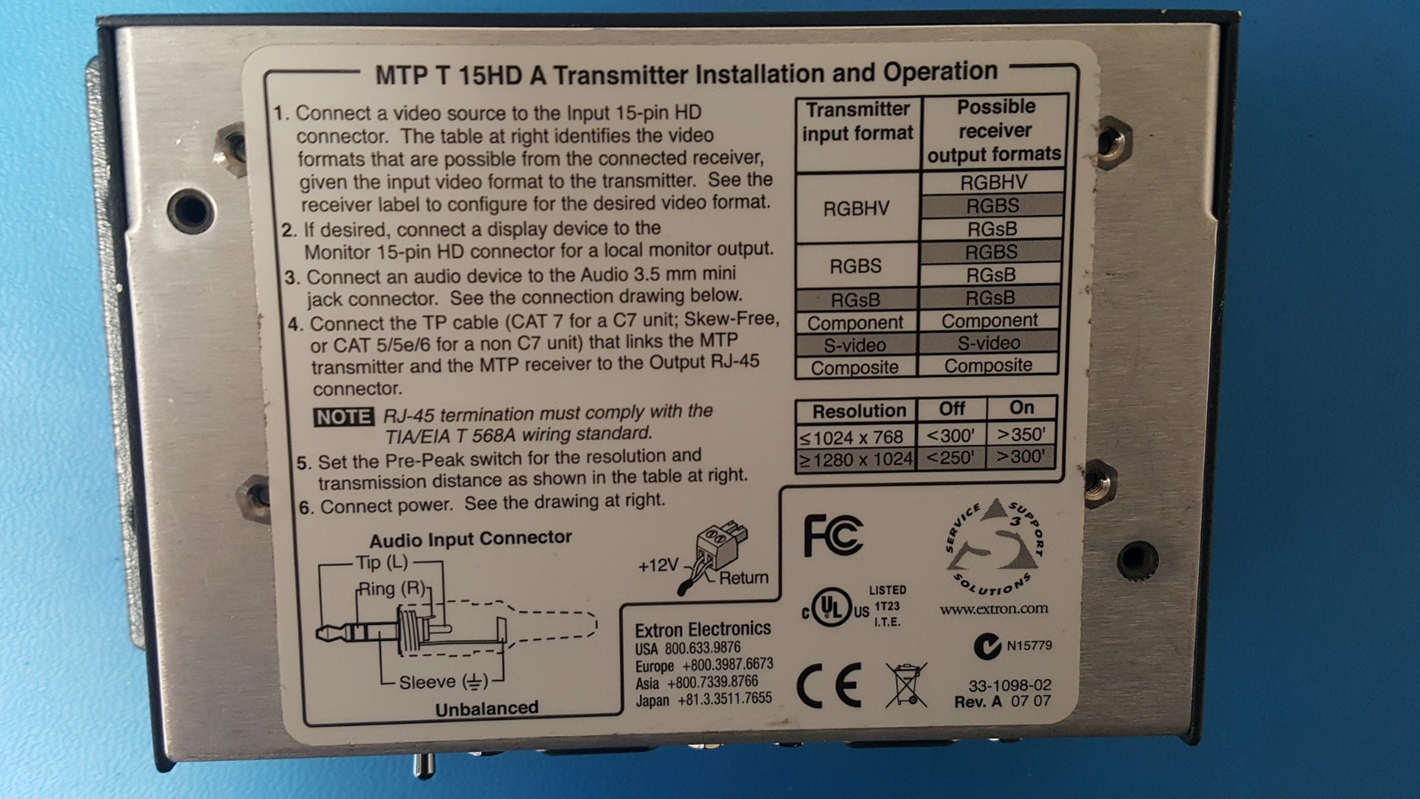Transmitter Installation and Operation, Extron, MTP-T-15HD-A, With Cable