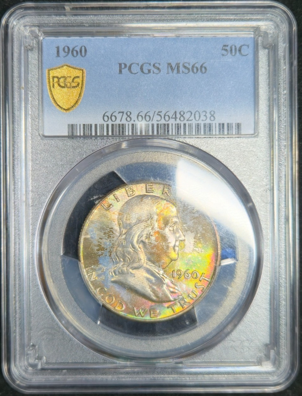 1960 Franklin Half Dollar PCGS MS66 Rainbow Tone Obverse