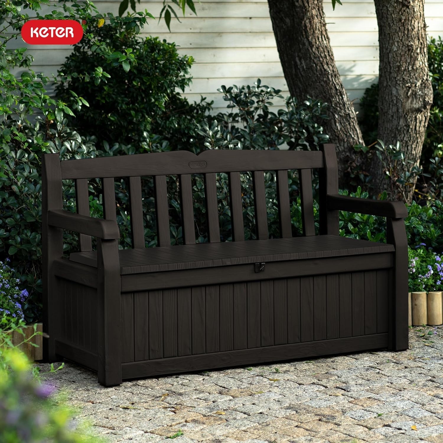 Weather-Resistant 70 Gallon Patio Storage Bench & Lockable Deck Box, Brown