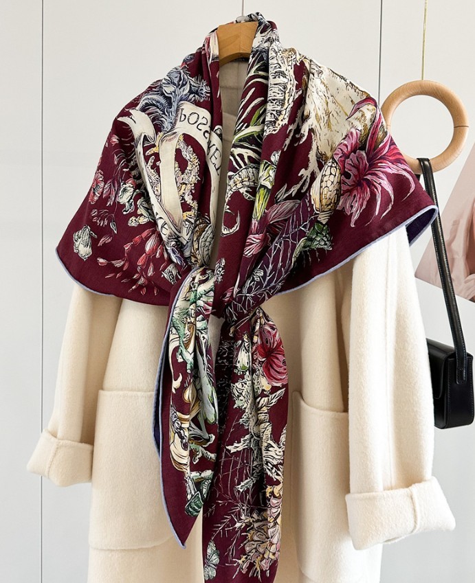 70% Cashmere 30% Silk  2 Face Print Large Wrap Scarf Women Square Shawl 53"