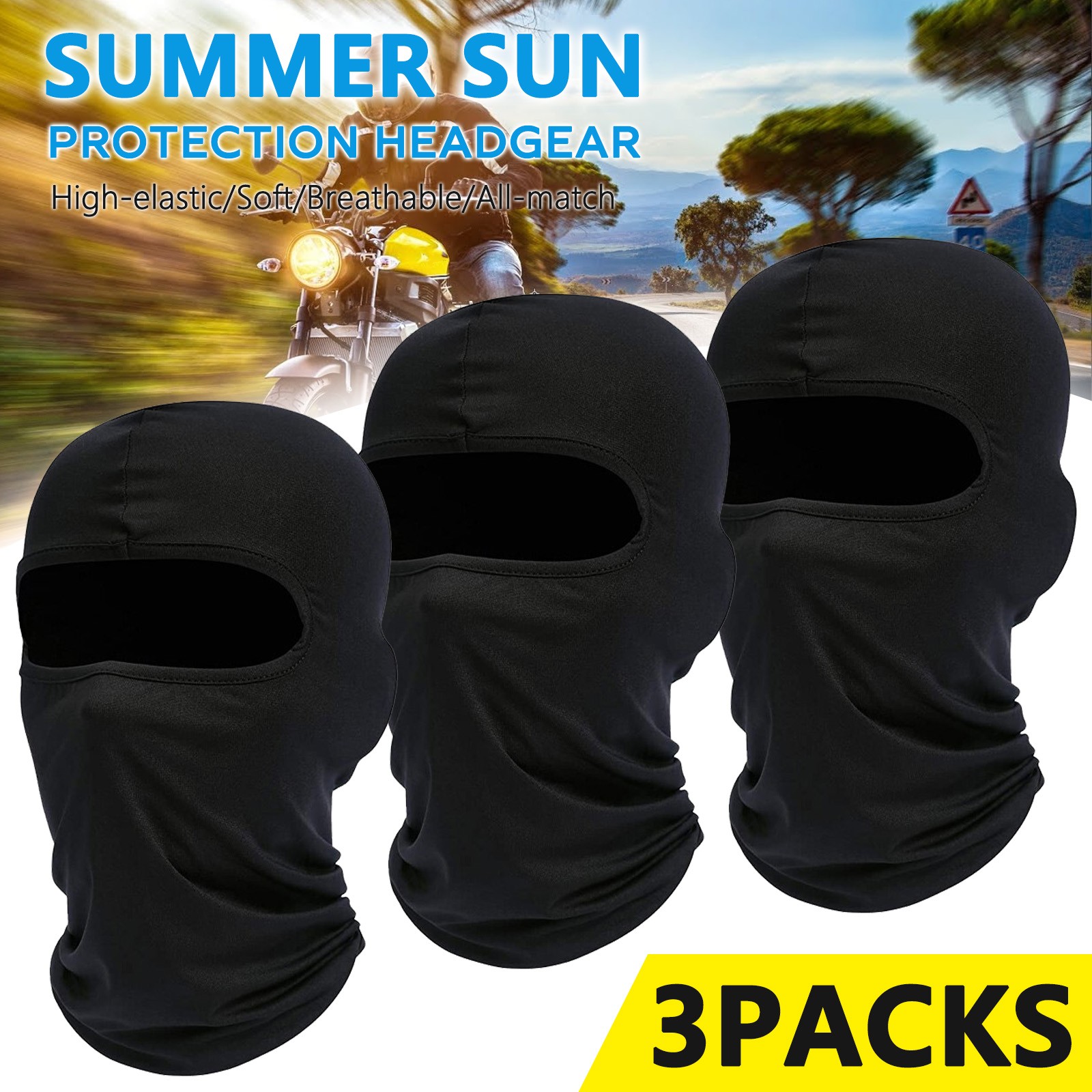 3 Pack Balaclava Full Face Ski Mask Lightweight Motorcycle Warmer Sun Hat Lycra