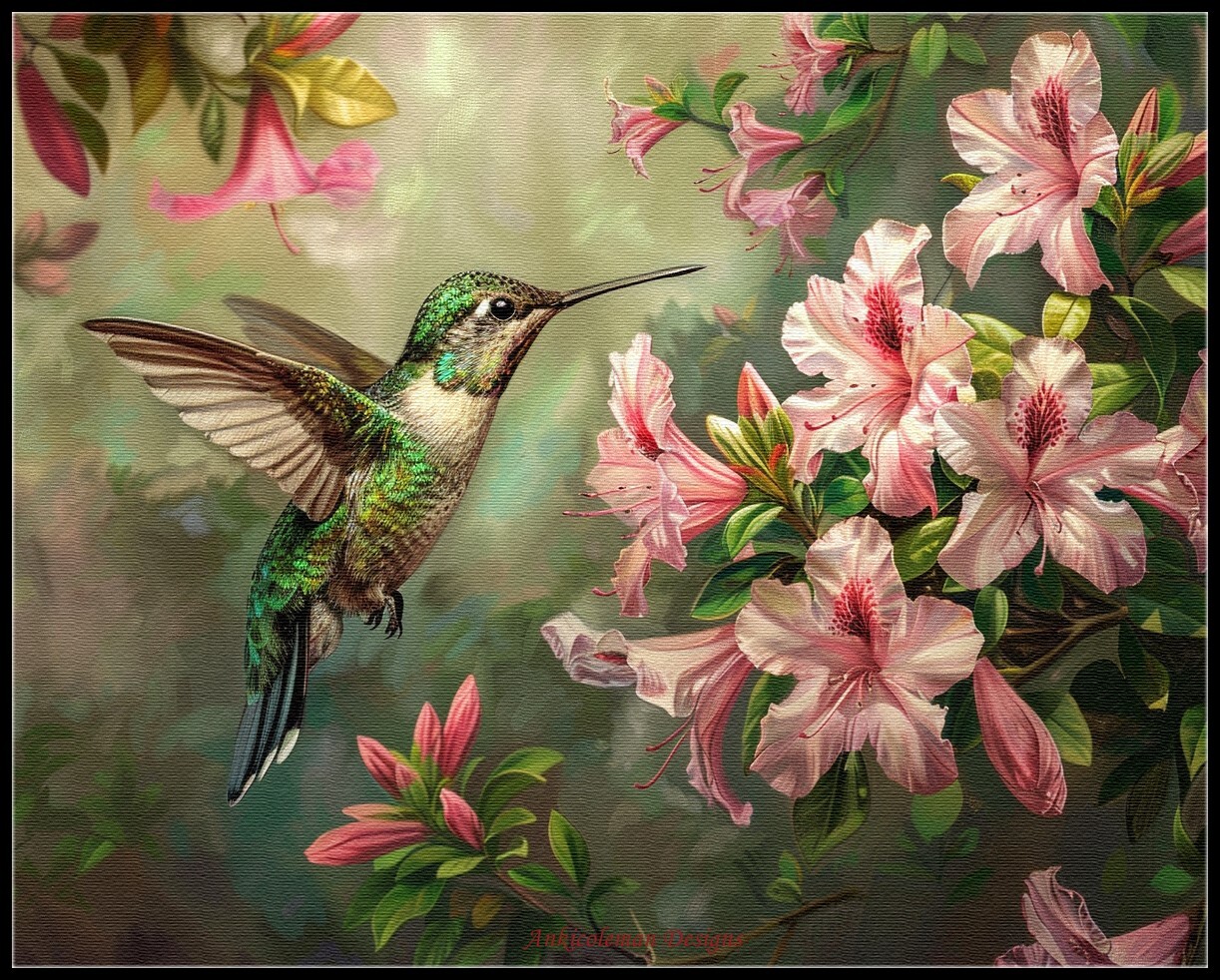 Hummingbird and Azaleas - DIY Chart Counted Cross Stitch Patterns Needlework DMC