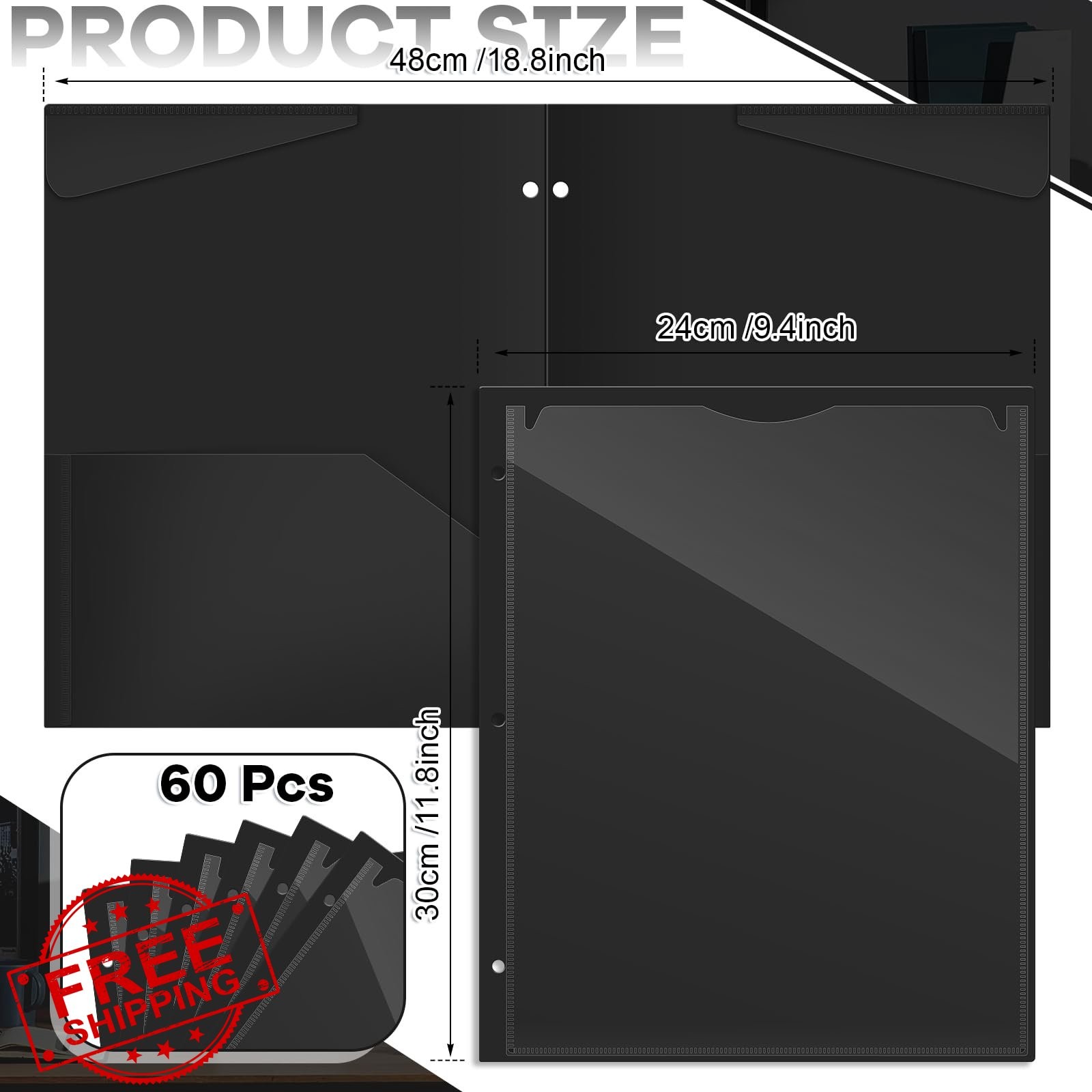 Henoyso 60 Black Plastic Folders, 2 Pockets, Clear Front, 3-Ring Binder
