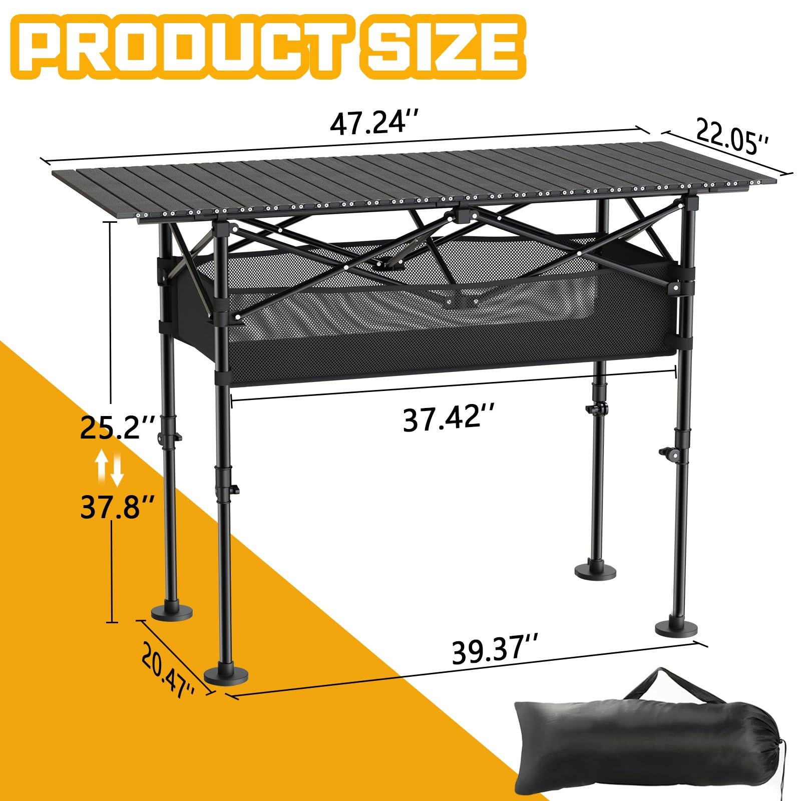 Height Adjustable Camping Table, Outdoor Folding 47" x 22" x 38", Black