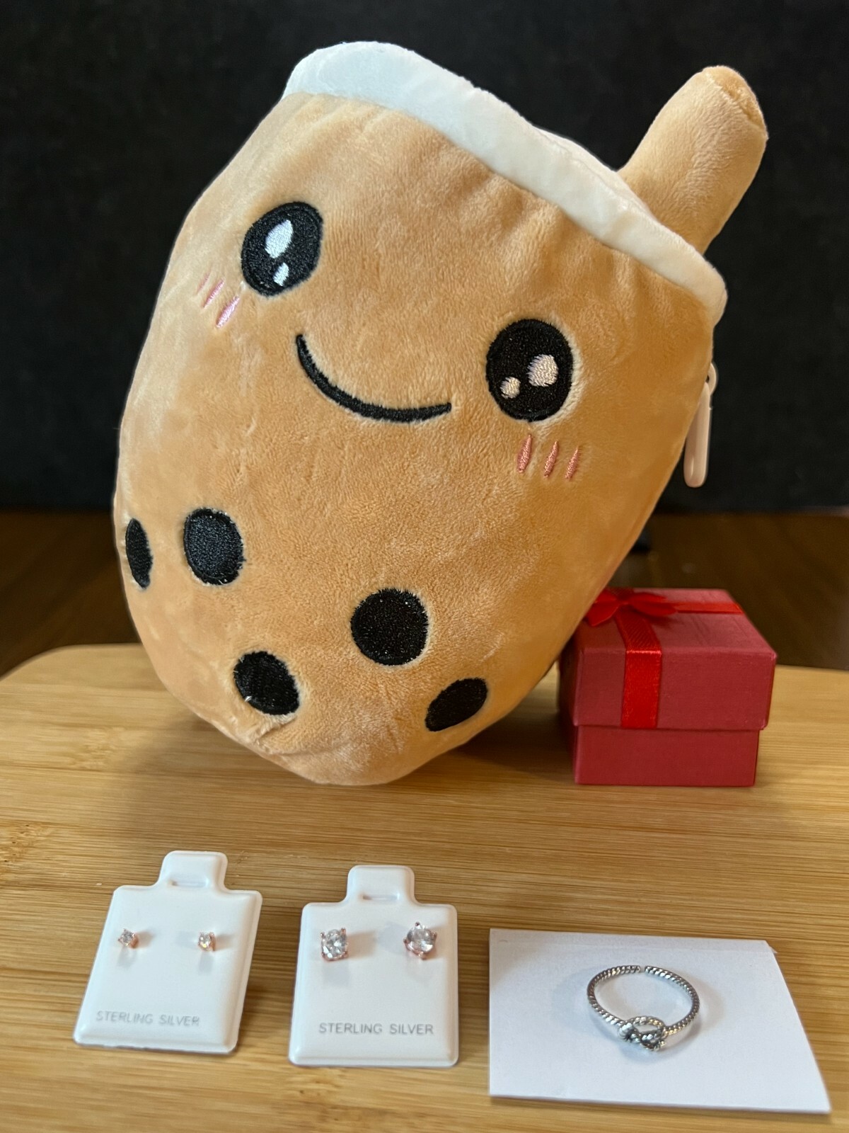 Sterling Silver ~ Jewelry GIFT SET w/ Box (Red) and Plush Reversible Boba Toy