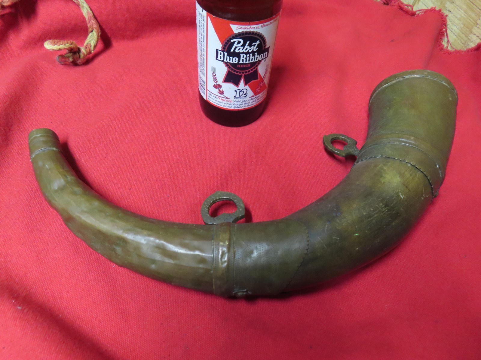 Early Powder Horn,Brass ends.100+ years old,Unmarked,Patina~AVG/GD🤠PH5.22.26