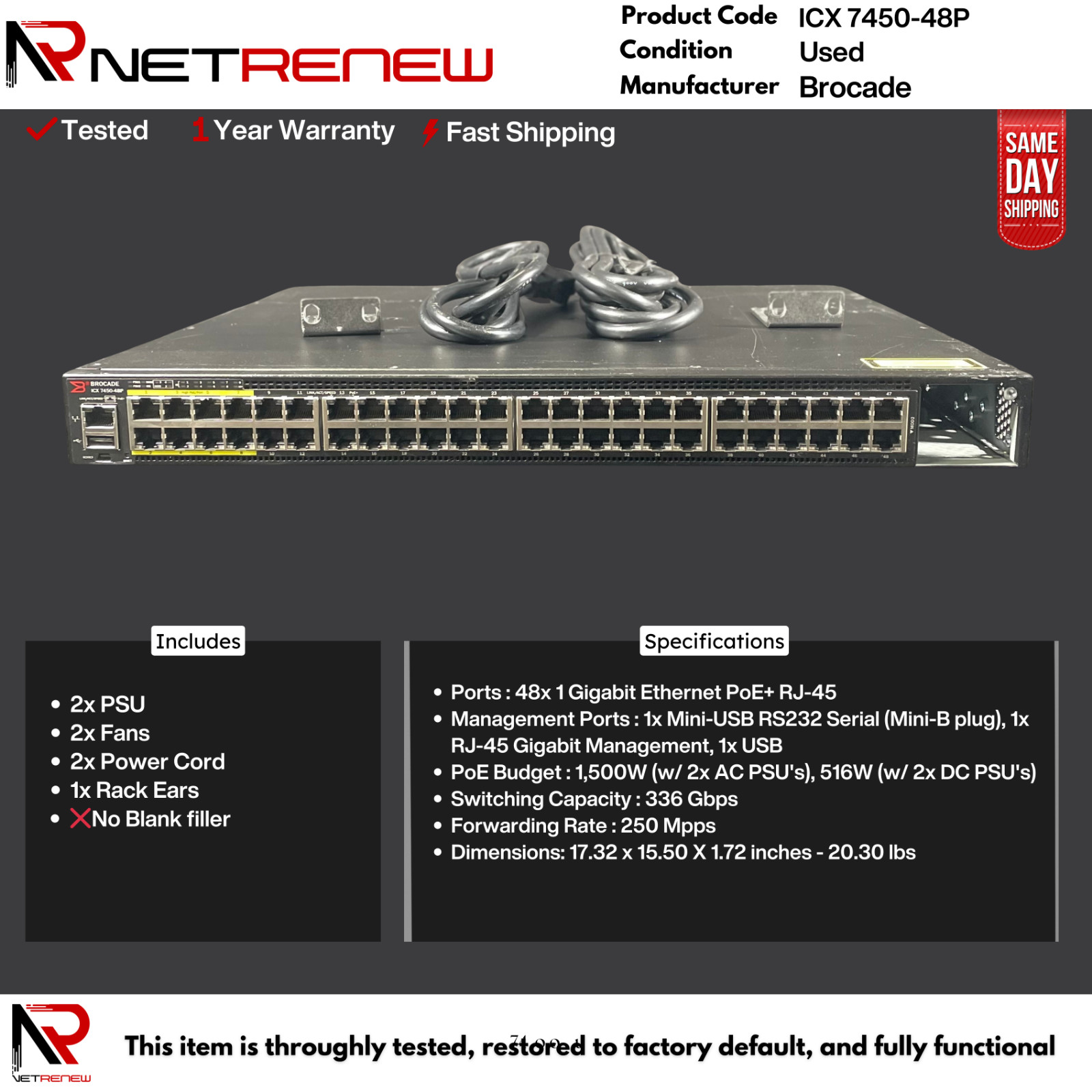 Brocade ICX7450-48P 48-Port  Gigabit Switch 1500W PoE+