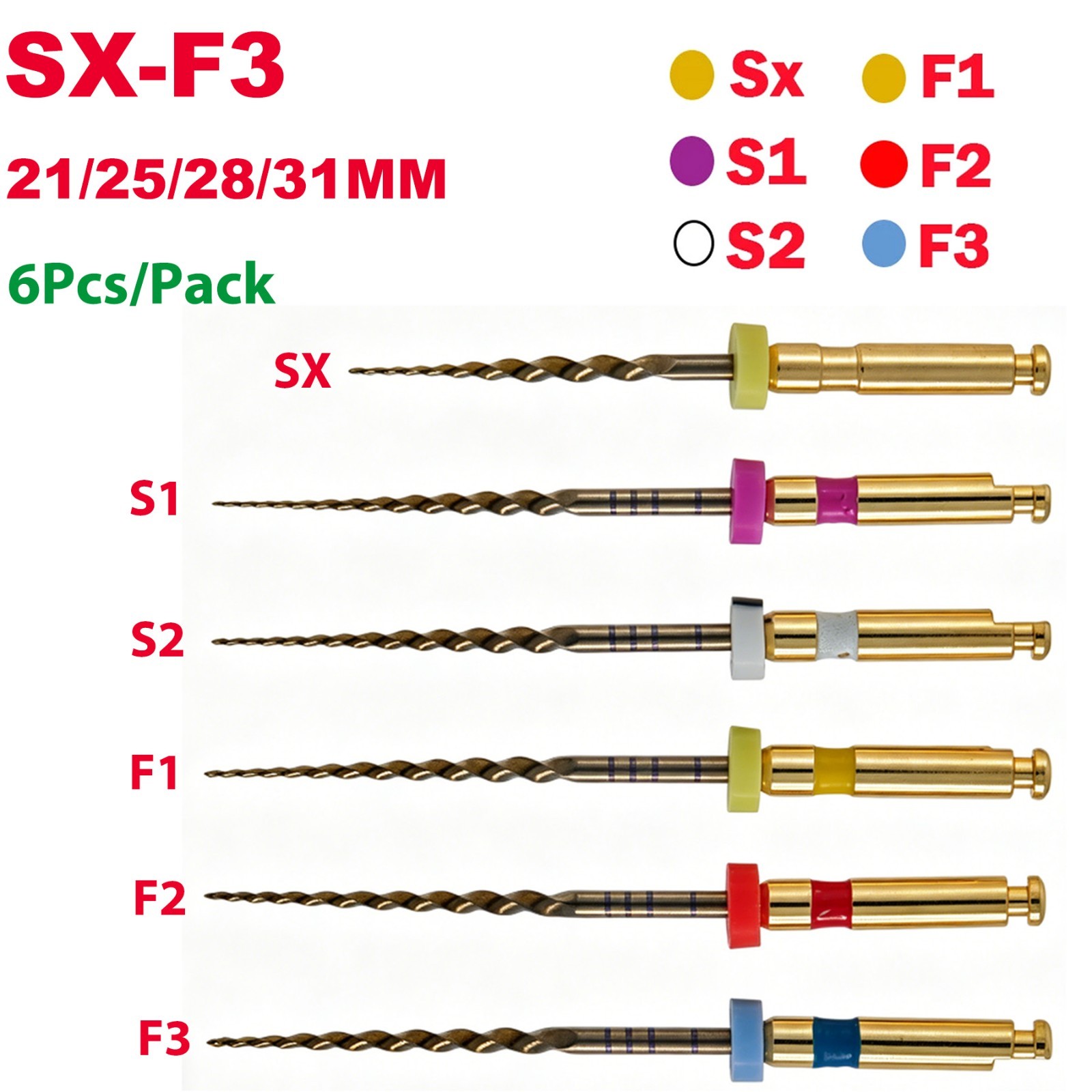 6Pc SX-F3 Dental Endo Files Root Canal Endodontic NITI Rotary File 21/25/28/31MM