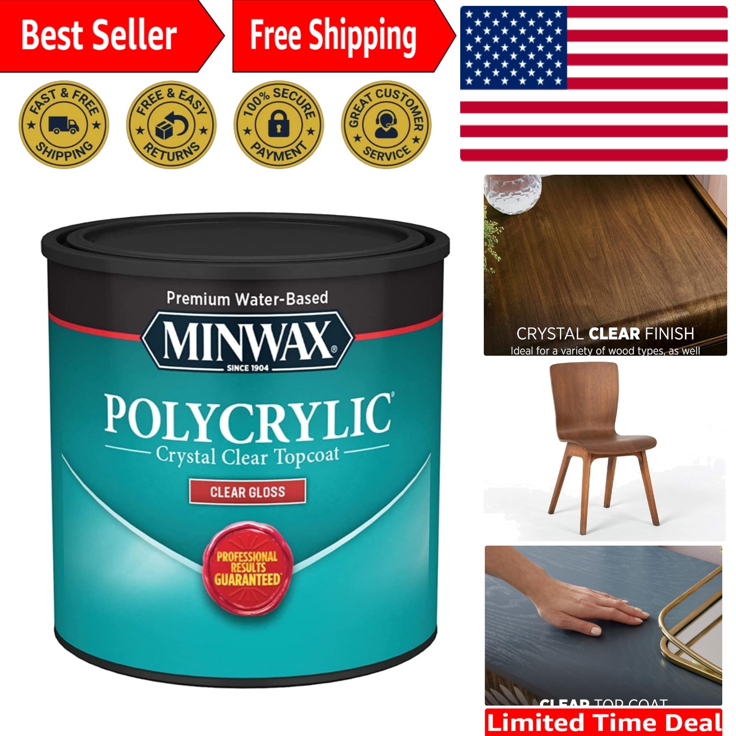Versatile Water-Based Clear Gloss Finish - Polycrylic ½ Pint for Wood Surfaces