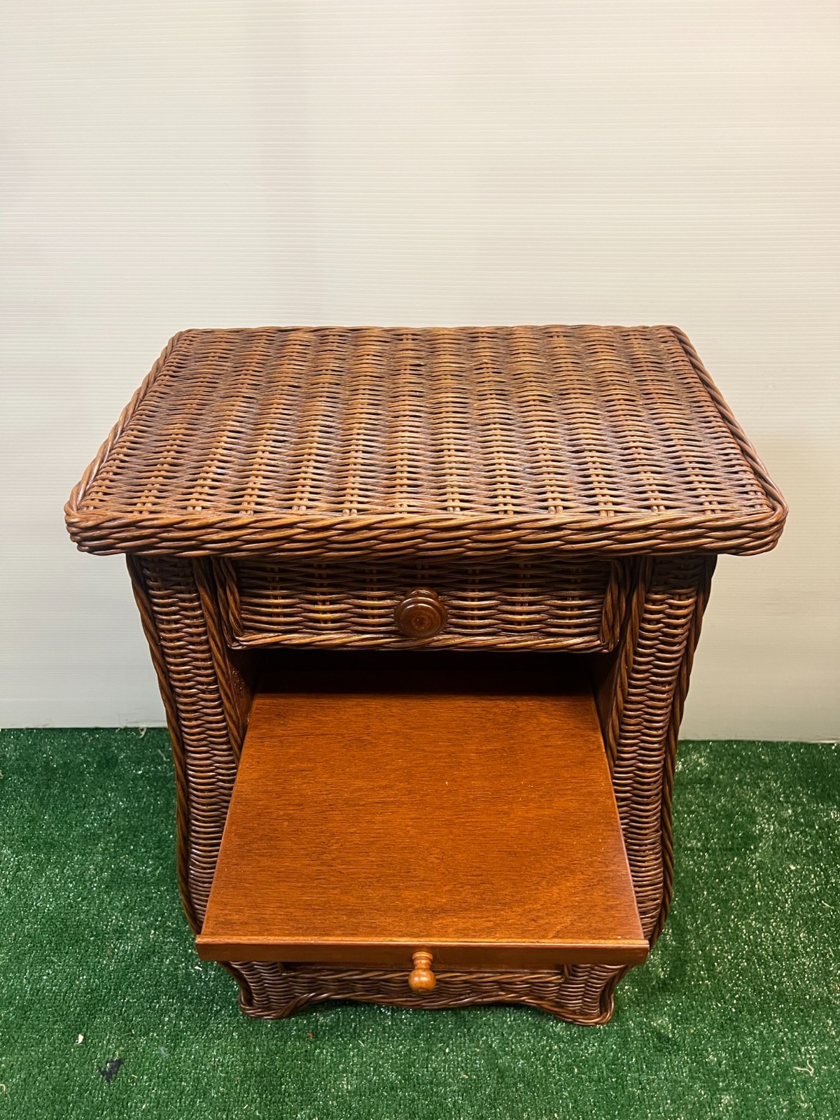 Vintage Wicker Table with Drawer - Dark Pecan, Antique Style, Pullout Shelf