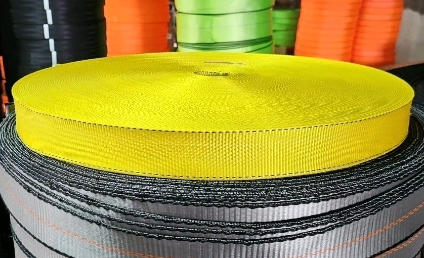 220' Roll of 1-23/32" Yellow w/ Black Edging Tie Down Webbing One Splice NEW!