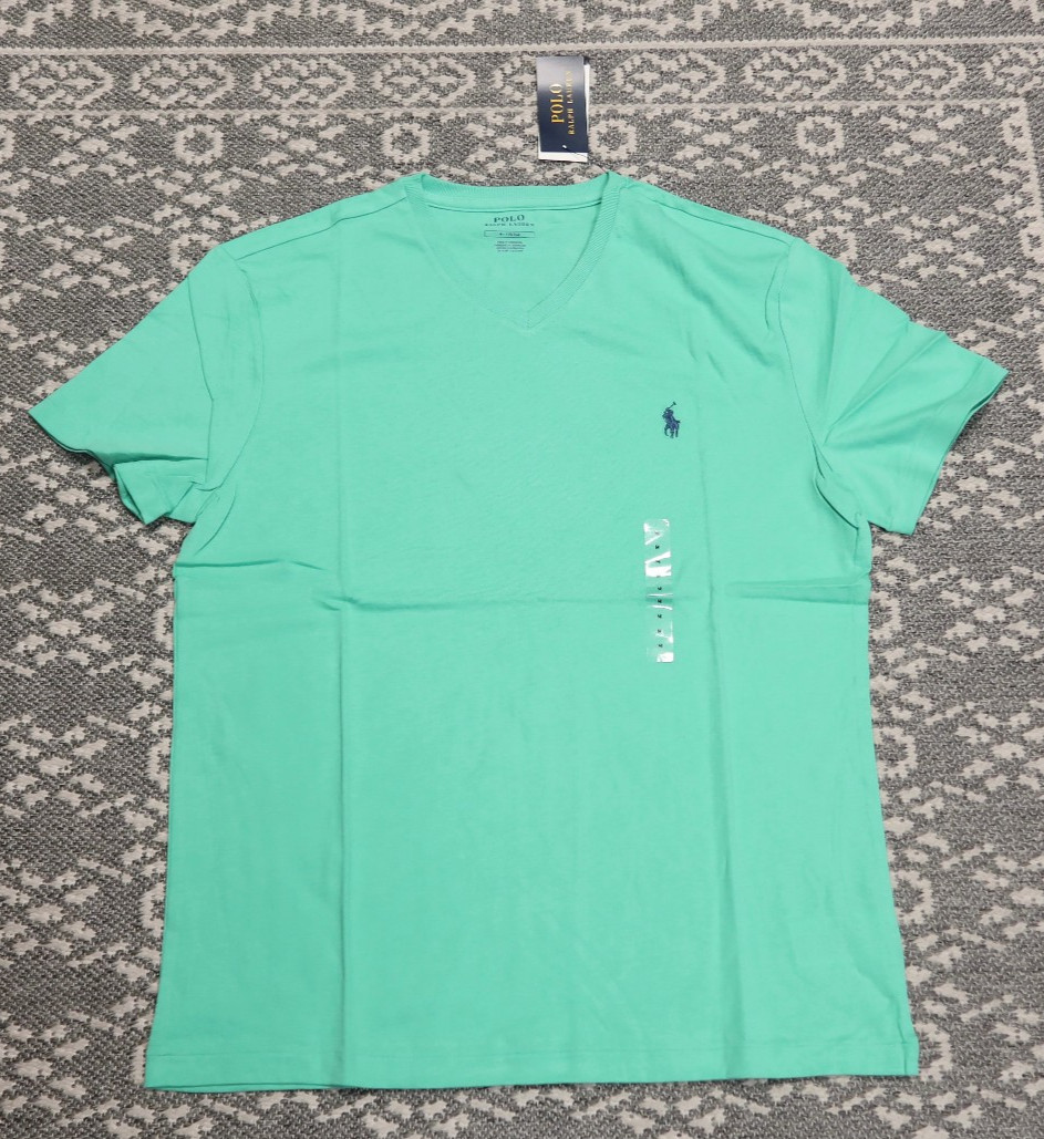 New Polo Ralph Lauren Men's V-Neck Tee T-Shirt - MEDIUM - Green with Blue Logo