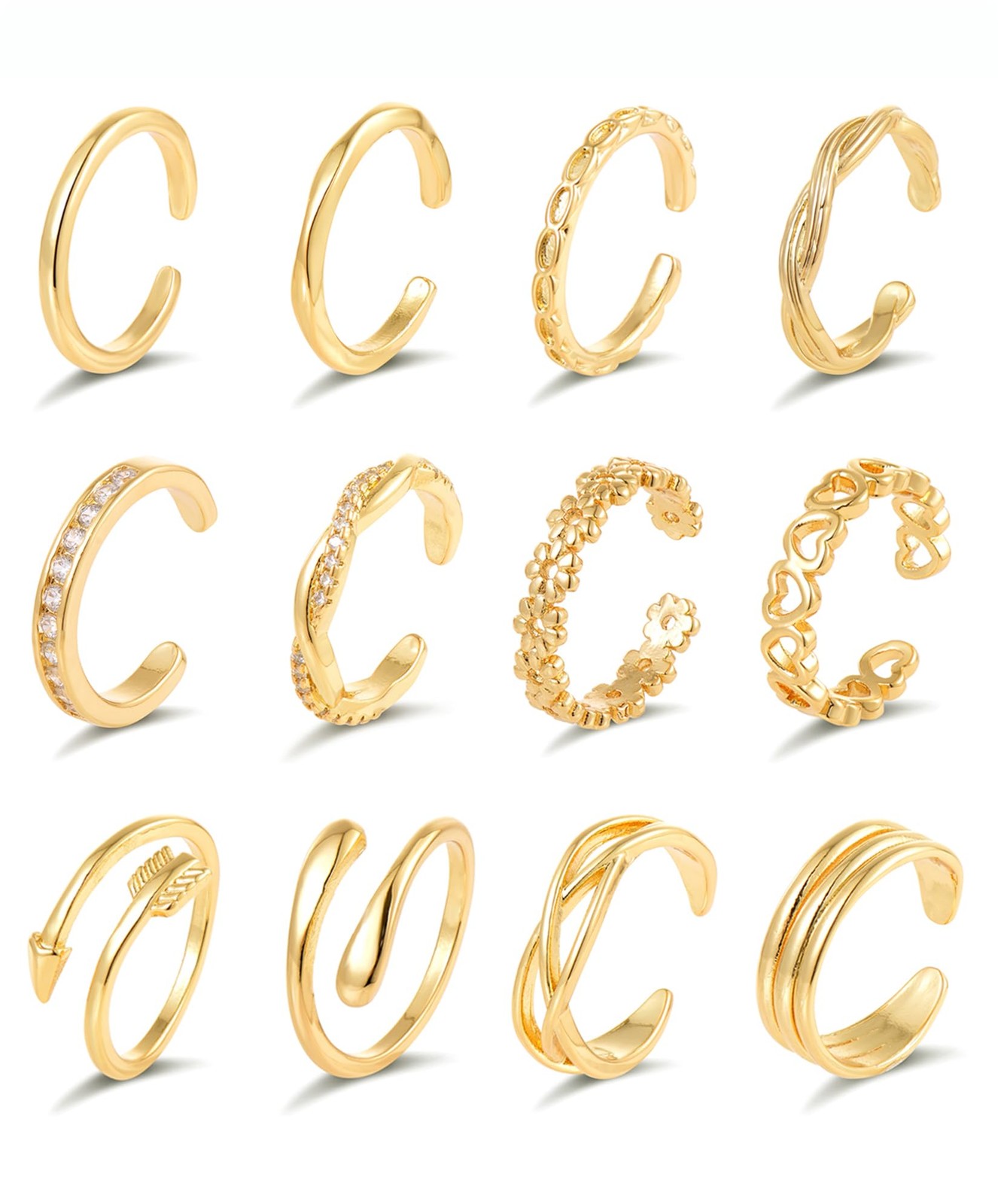 12PCS 18k Gold Plated Open Toe Rings CZ Wave Twist Arrow Celtic Knot Heart Th...