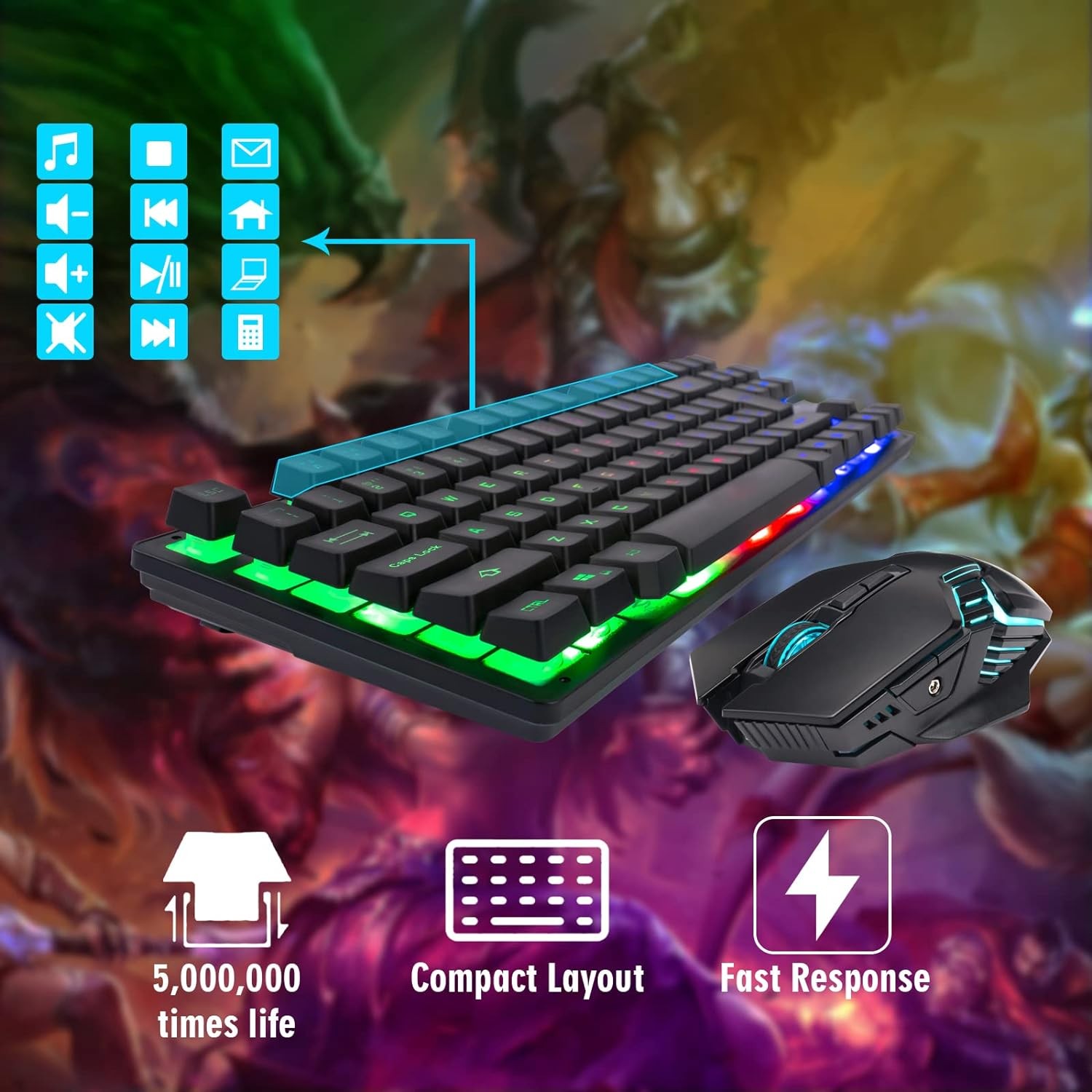 Gaming Wireless TKL Keyboard Mouse Combo Rechargeable LED Backlit Tenkeyless ...
