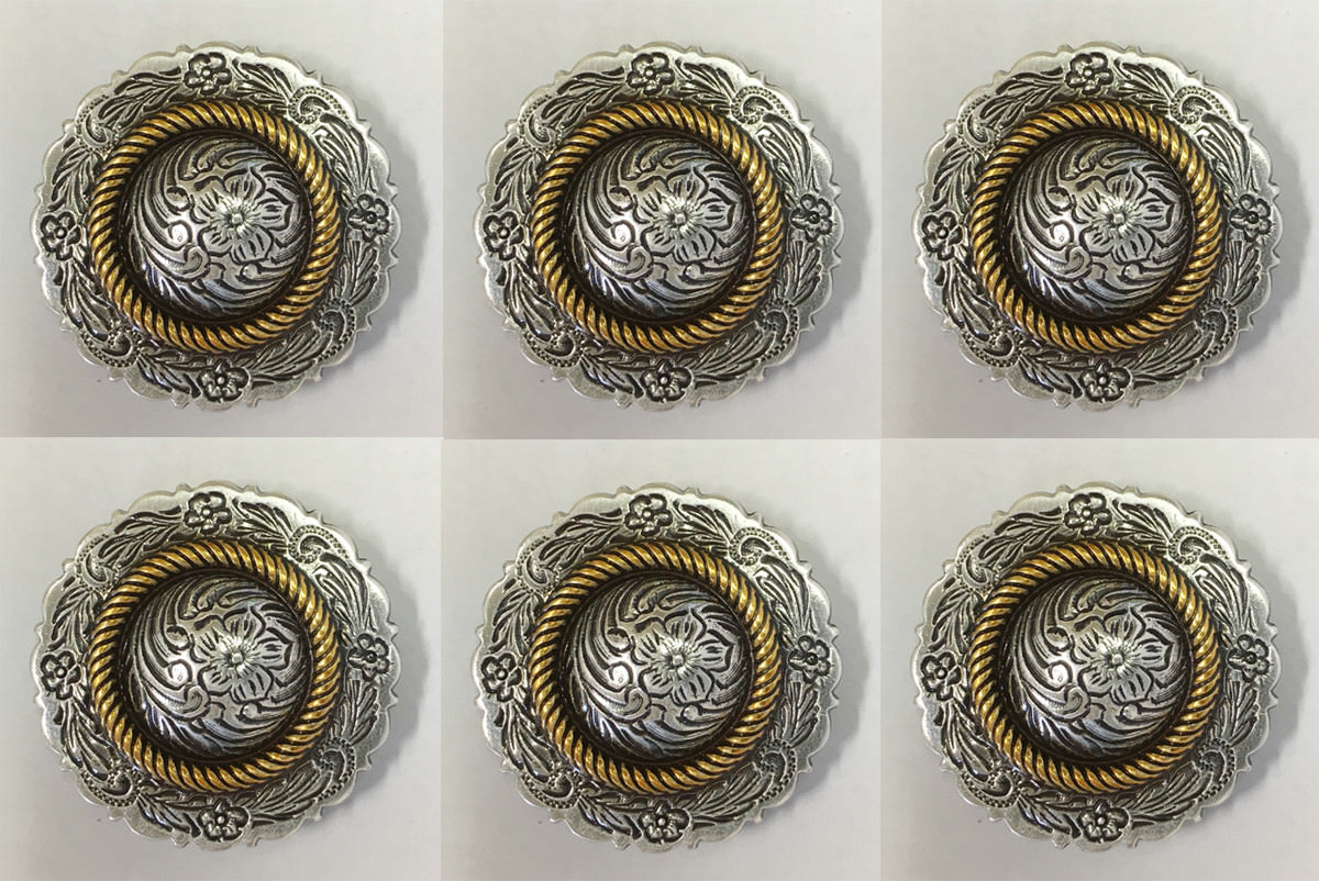 Set of 6 WESTERN HORSE TACK ANTIQUE ENGRAVED GOLD ROPE EDGE CONCHOS 1-1/4"