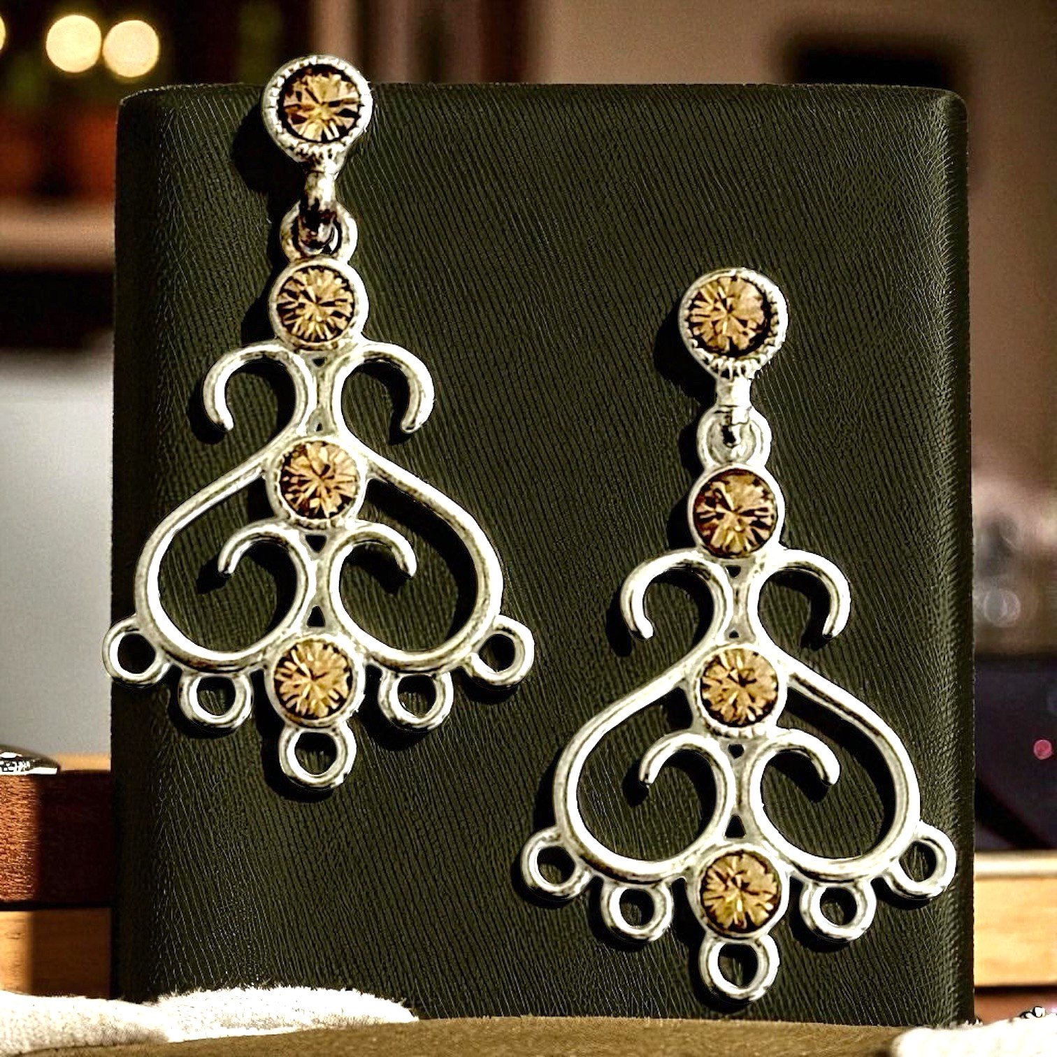 DIY Chandelier Earrings Posts w/ Light Topaz Crystals Silver 5 Loop 29mm Pair