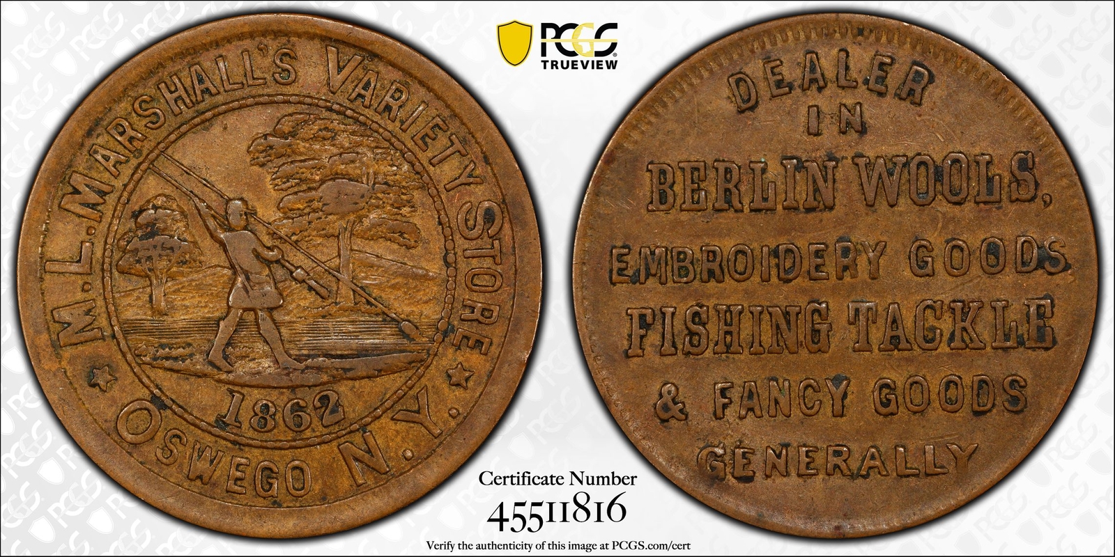 1862 Marshalls Variety Store Civil War Token - PCGS AU50 F-69A-1a Copper R-6