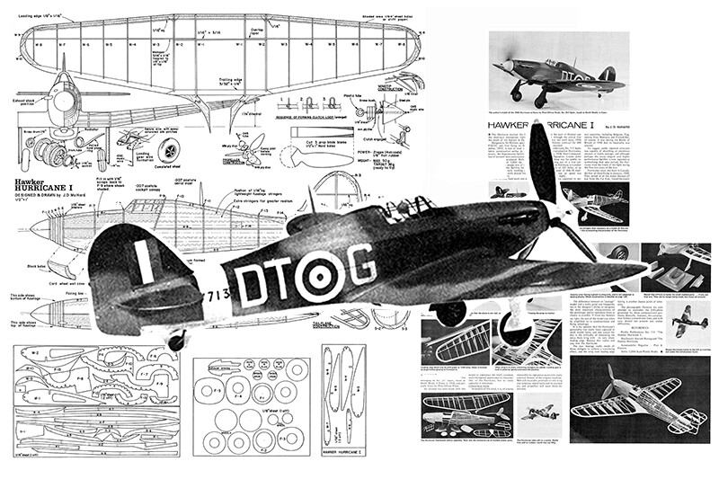 Model Airplane Plans (FF): WWII Hawker Hurricane I 1/24 Scale 20" Rubber Power