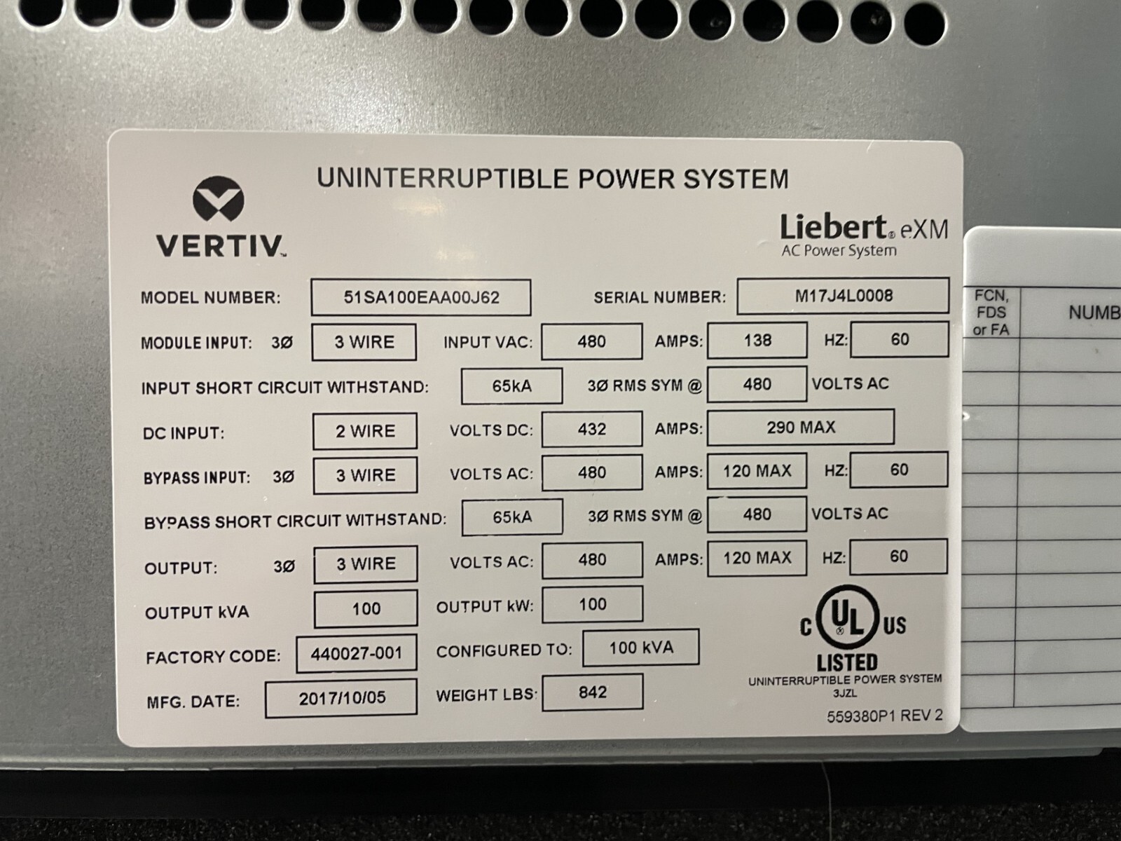 Vertiv Liebert EXM 100kW UPS System