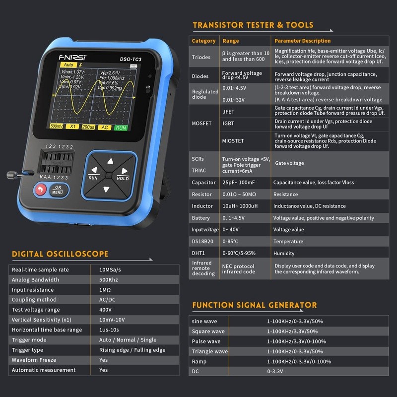 DSO-TC3 Handheld Oscilloscope Function Generator Transistor Tester Multimeter US