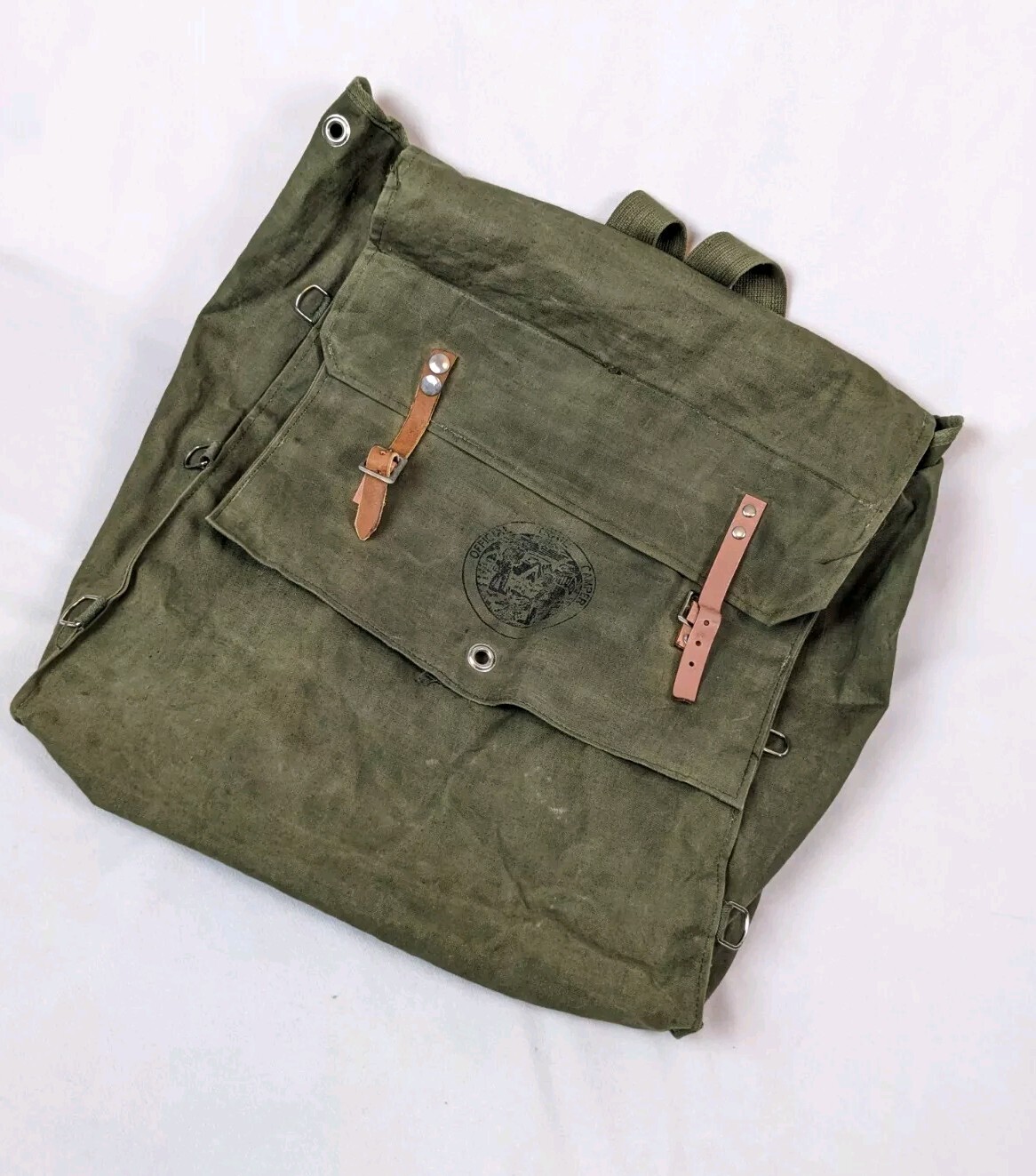 VTG Japan Olive Green Backpack Official Trail Camper Branded Leather & Buckle