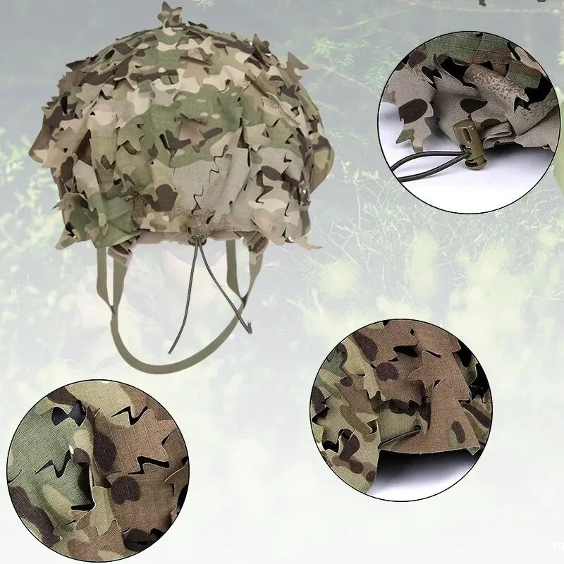 3D Camo Net Tactical Helmet Cover Scrim High Cut Nylon Drawstring Netting Leaf