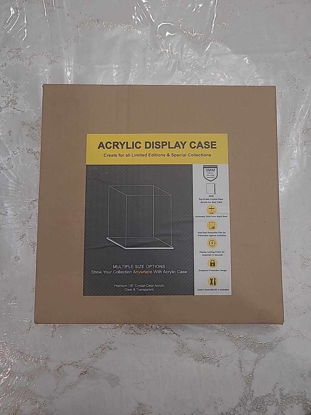 Clear Acrylic Display Case Box Premium 1/8" Thick Panels, Dustproof Black Base