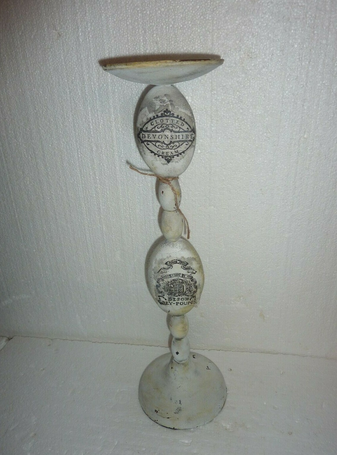 Large Country Primitive Naive Metal Candle Holder Devonshire Cream & Grey Poupon