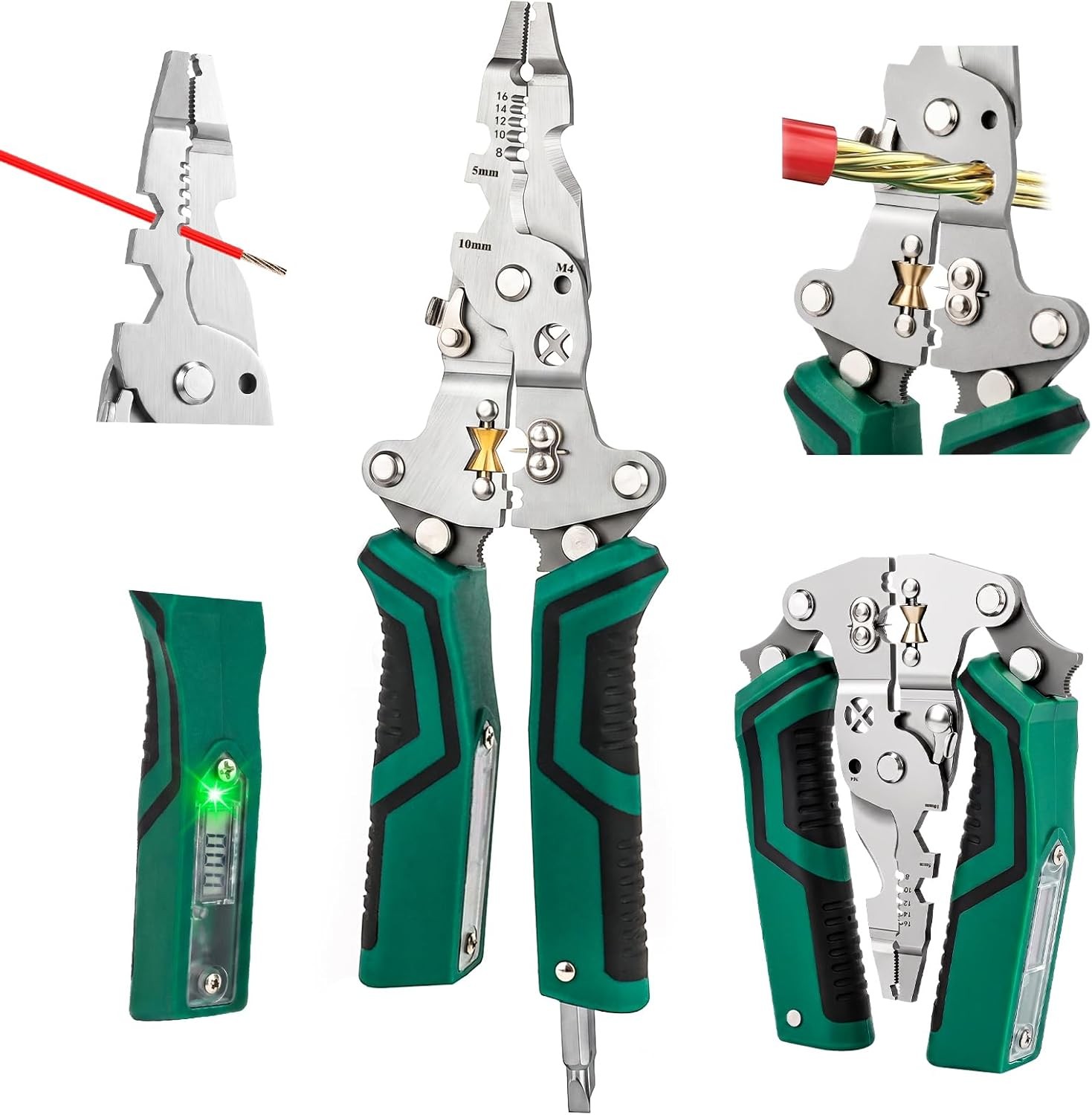 GRENTOOL 18-in-1 Heavy Duty Wire Stripper Pliers, 12-220V AC/DC, Self-Test, Gree