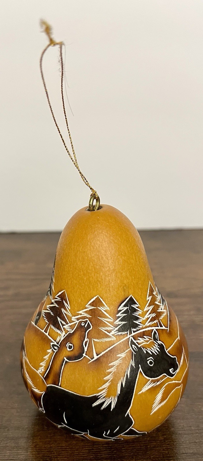 Vintage Lucuma Peru Carved Gourd 3" Ornament Folk Art Hand Painted Horses