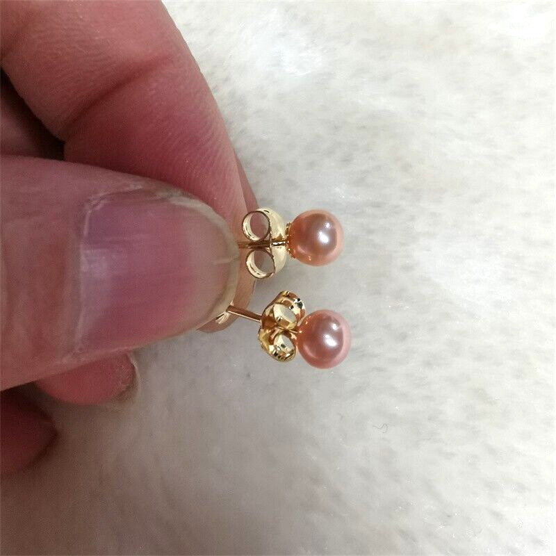 natural akoya  AAA purple pink pearl earrings 14k Yellow Gold 4-5mm