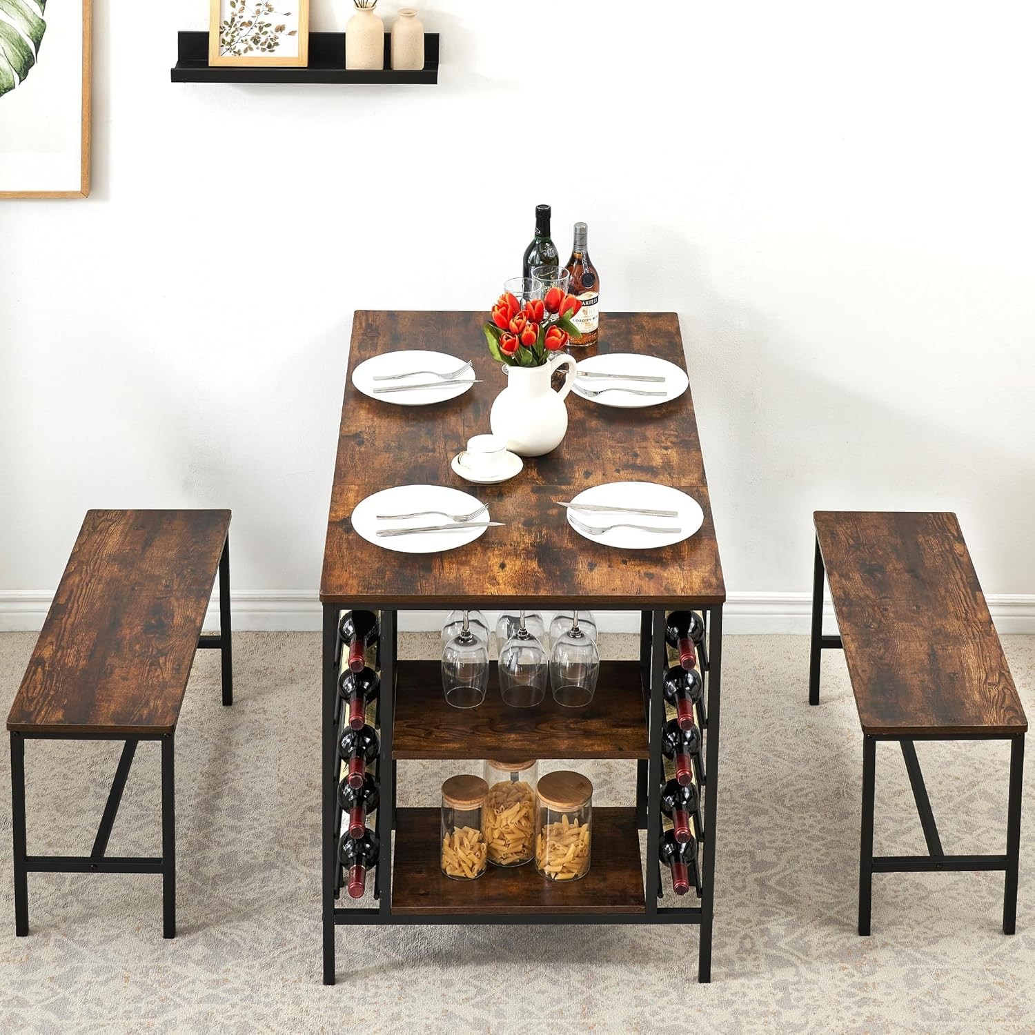 Dining Table Set for 4, Rectangular Table with Wine Rack,Storage Shelf,2 Benches