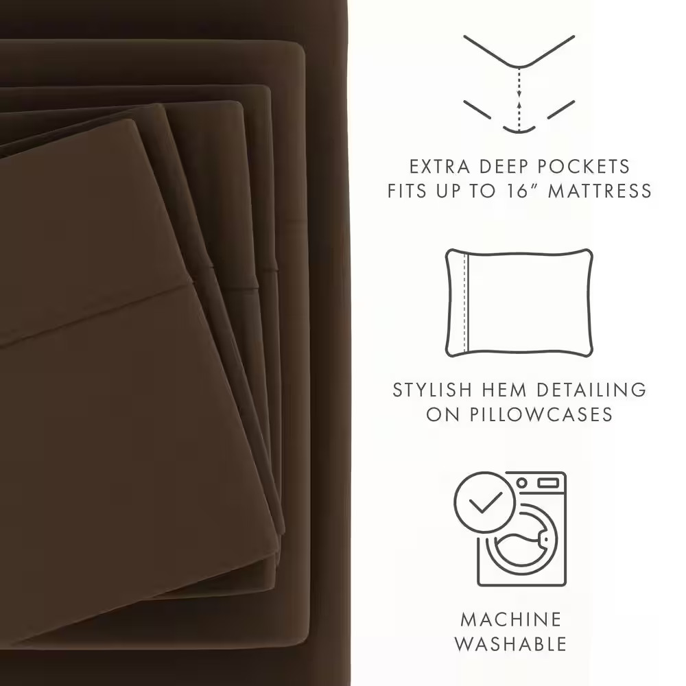 6-Piece Chocolate Solid Microfiber Queen Sheet Set Free Shipping New
