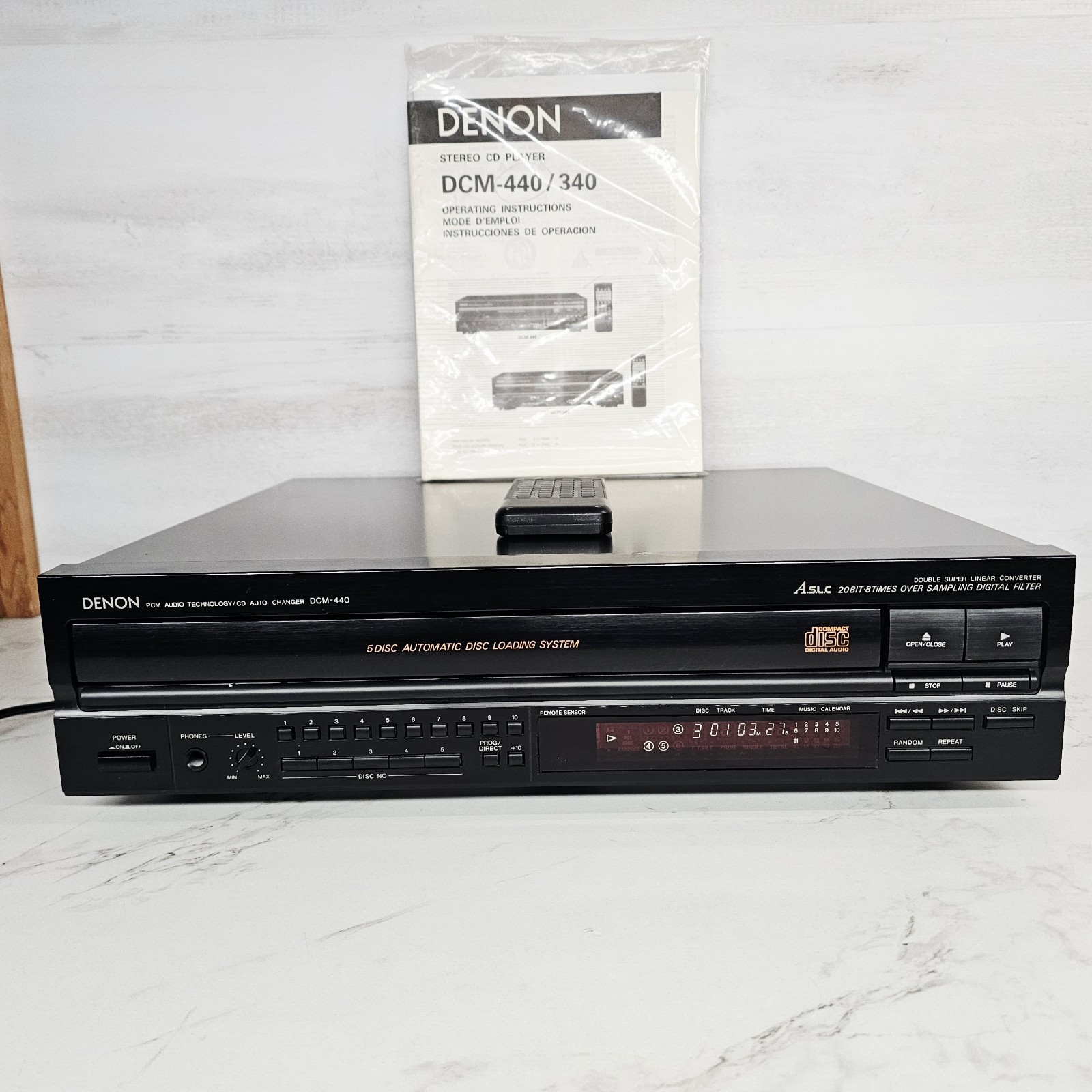 VTG 1993 Denon DCM-440 5-Disc Carousel Compact Disc Changer CD Remote + Manual