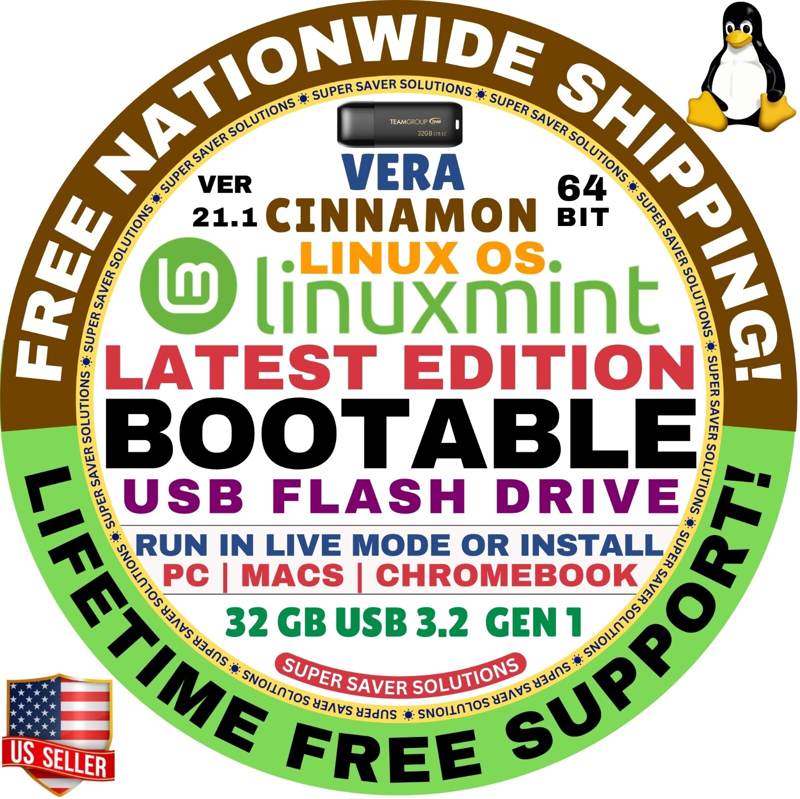 Linux MINT 21.1 USB VERA Cinnamon 64-Bit Live Boot, Full Install for MAC, PC