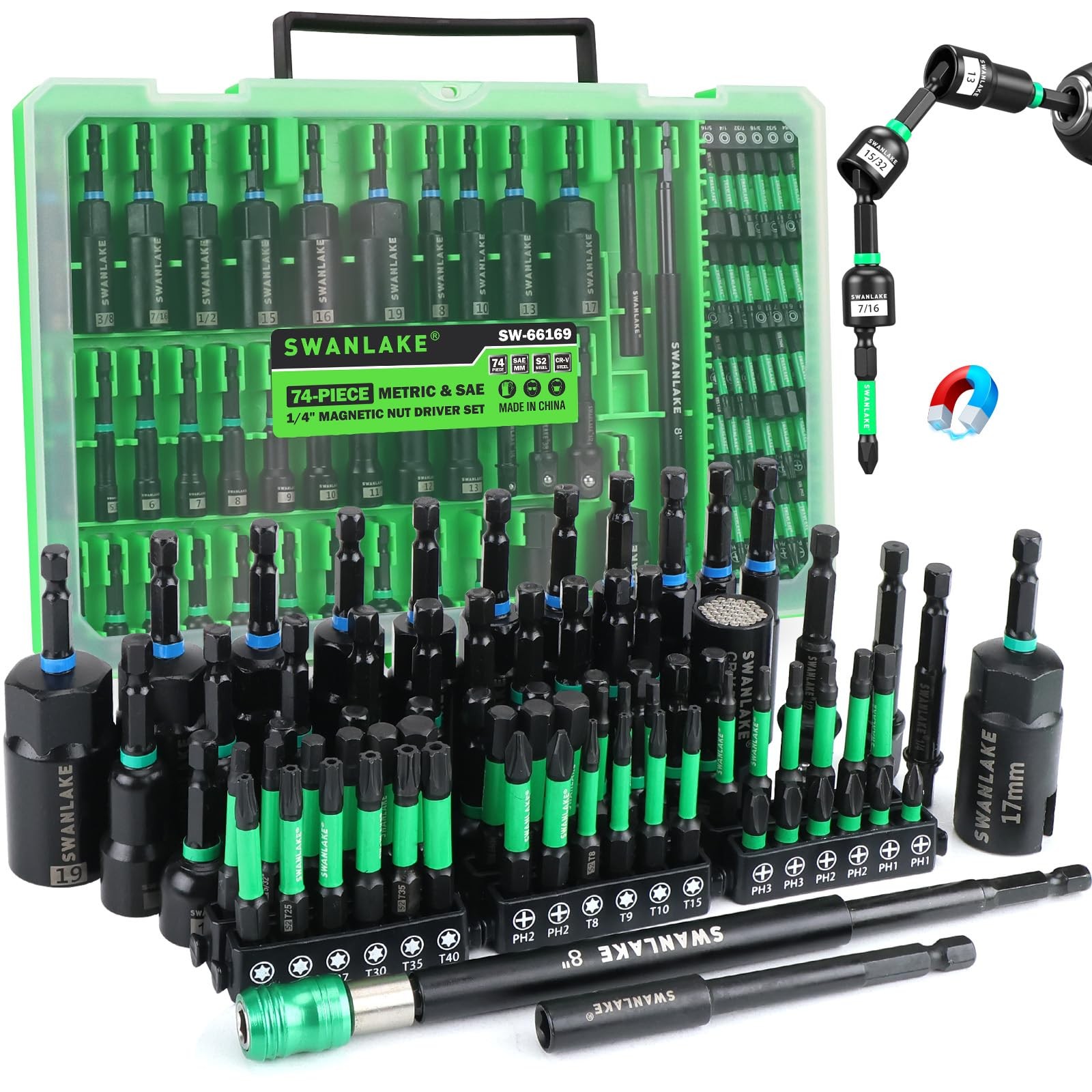 74-piece Magnetic Nut Driver Set For Impact Drill Metric & Sae, Impact Socket