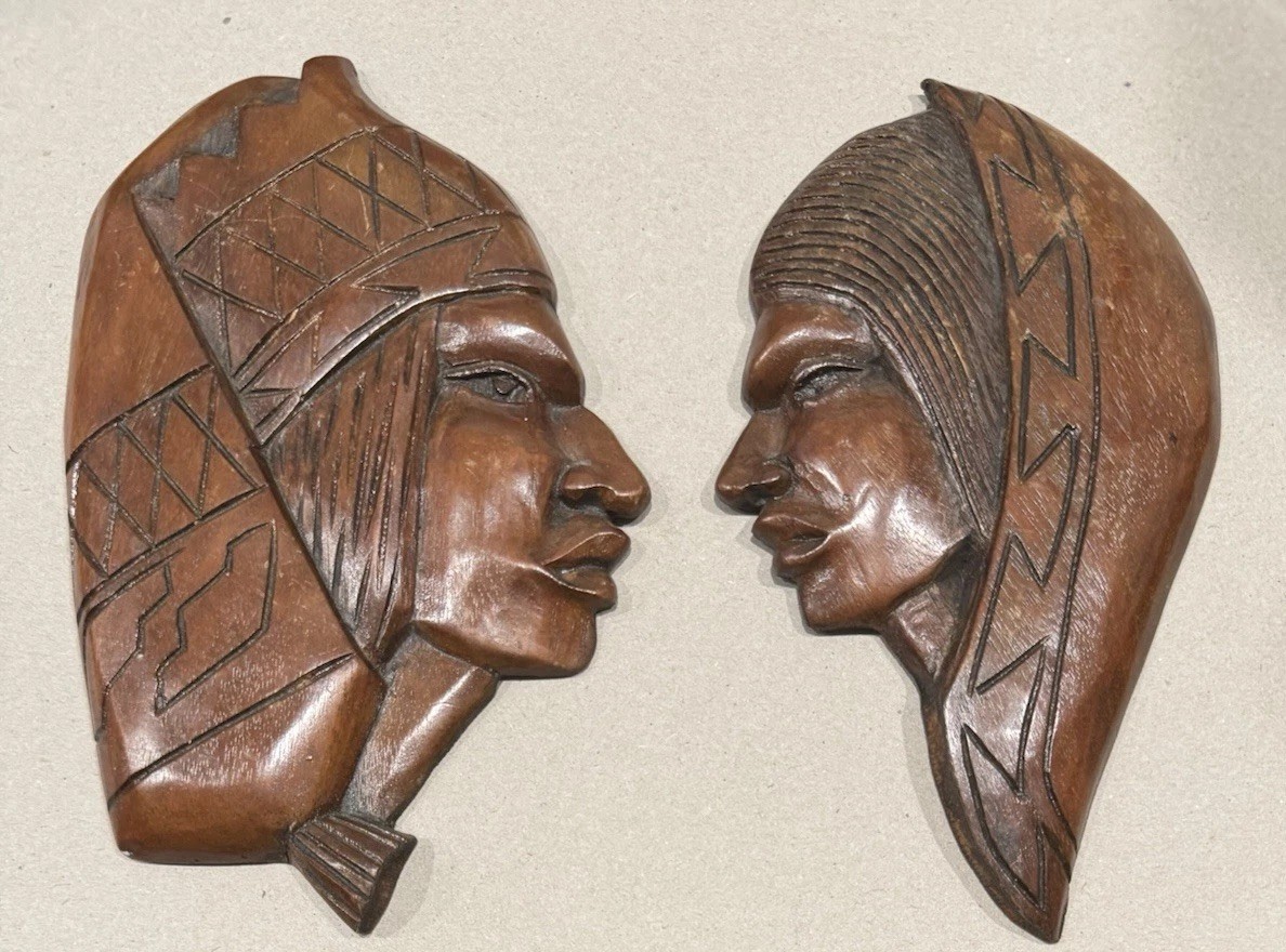 VTG 2 Hand Carved Wood Bolivian/Peruvian Wooden Male/Female Wall Plaques 7x4” Ea