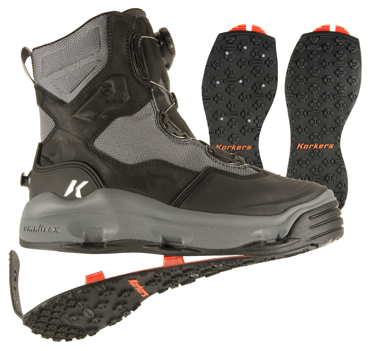 SIZE #9 KORKERS DARKHORSE WADING FISHING BOOT, STUDDED +KLING-ON SOLES