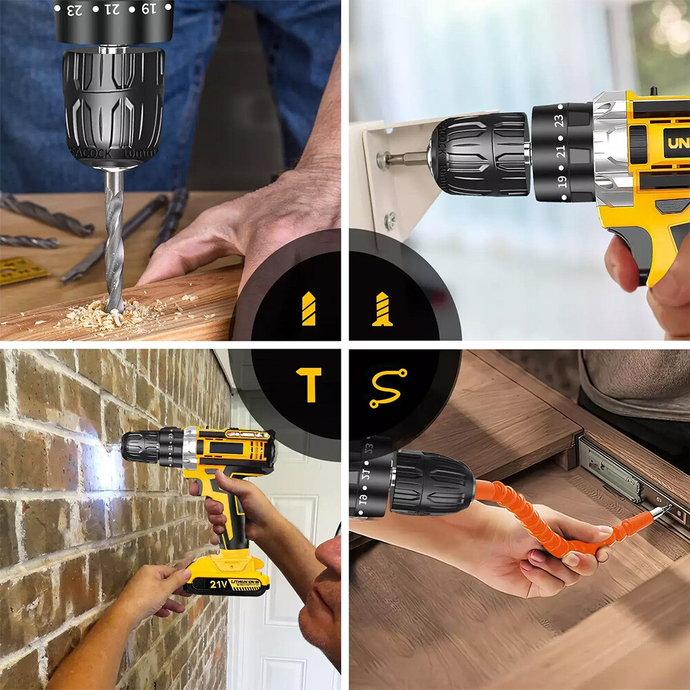 21V Cordless Hammer Drill Set Electric Impact Driver Screwdriver with 2 Battery
