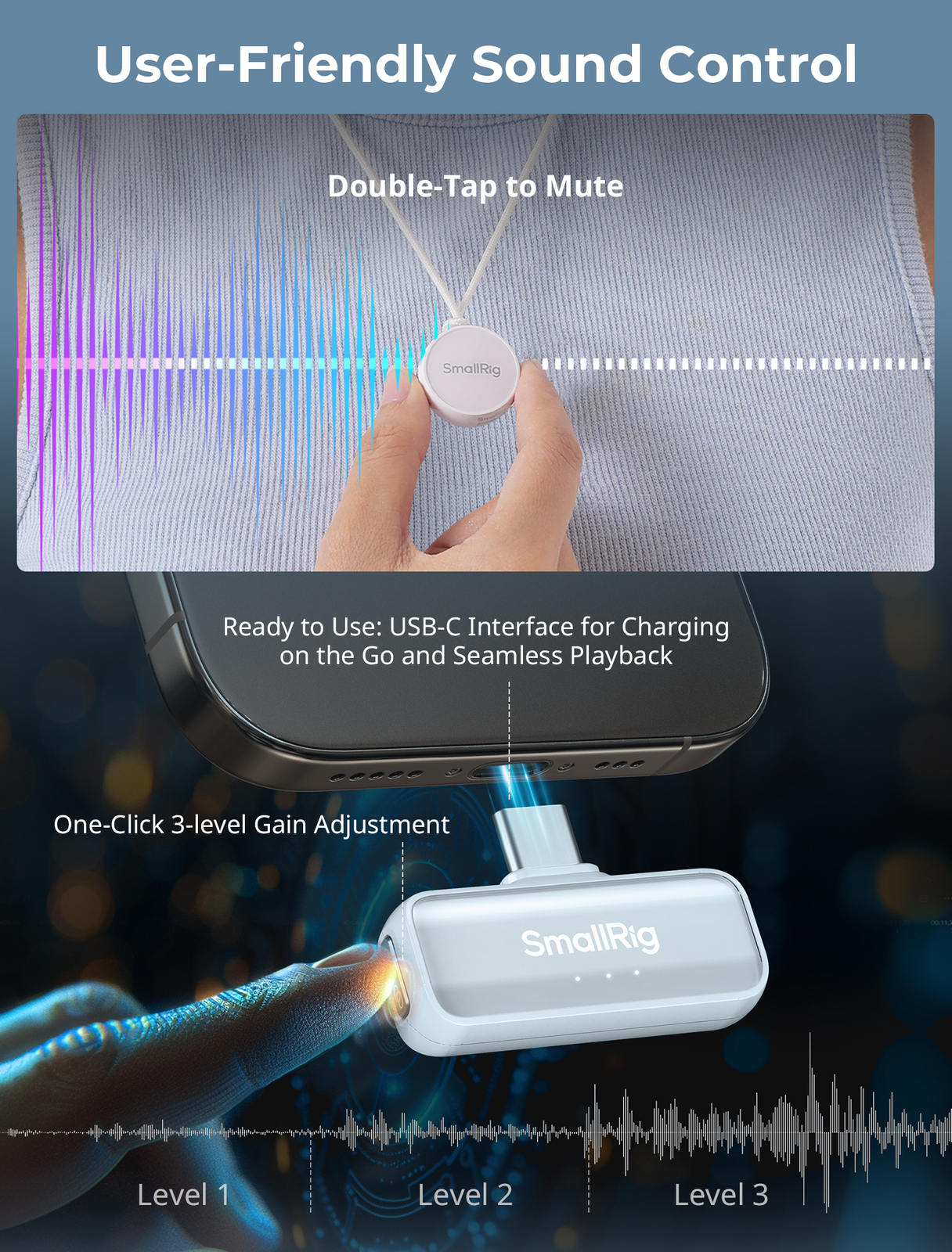 SmallRig S60 Wireless Lavalier Microphone with USB C for iPhone, for Android