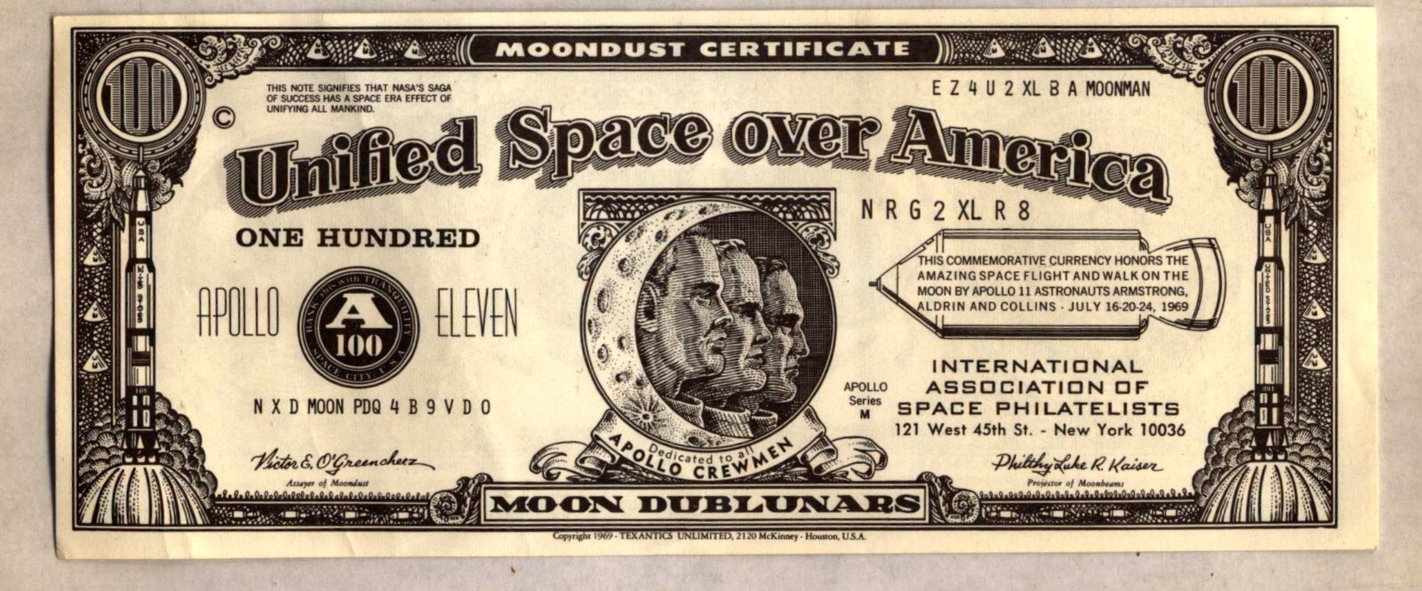 Moon Money 100 Dublunars Moondust Certificate Apollo XI Astronauts 1952