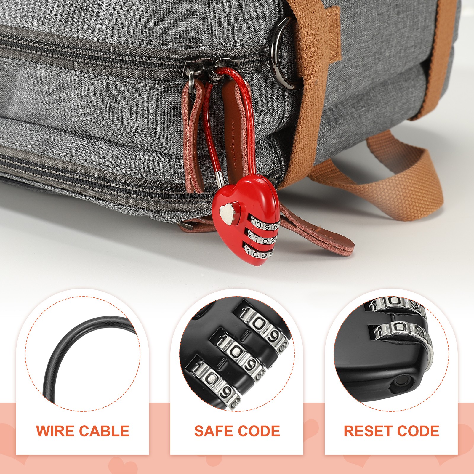 3 Pcs 3 Digit Cable Lock with Combination 4.3" Steel Rope Black